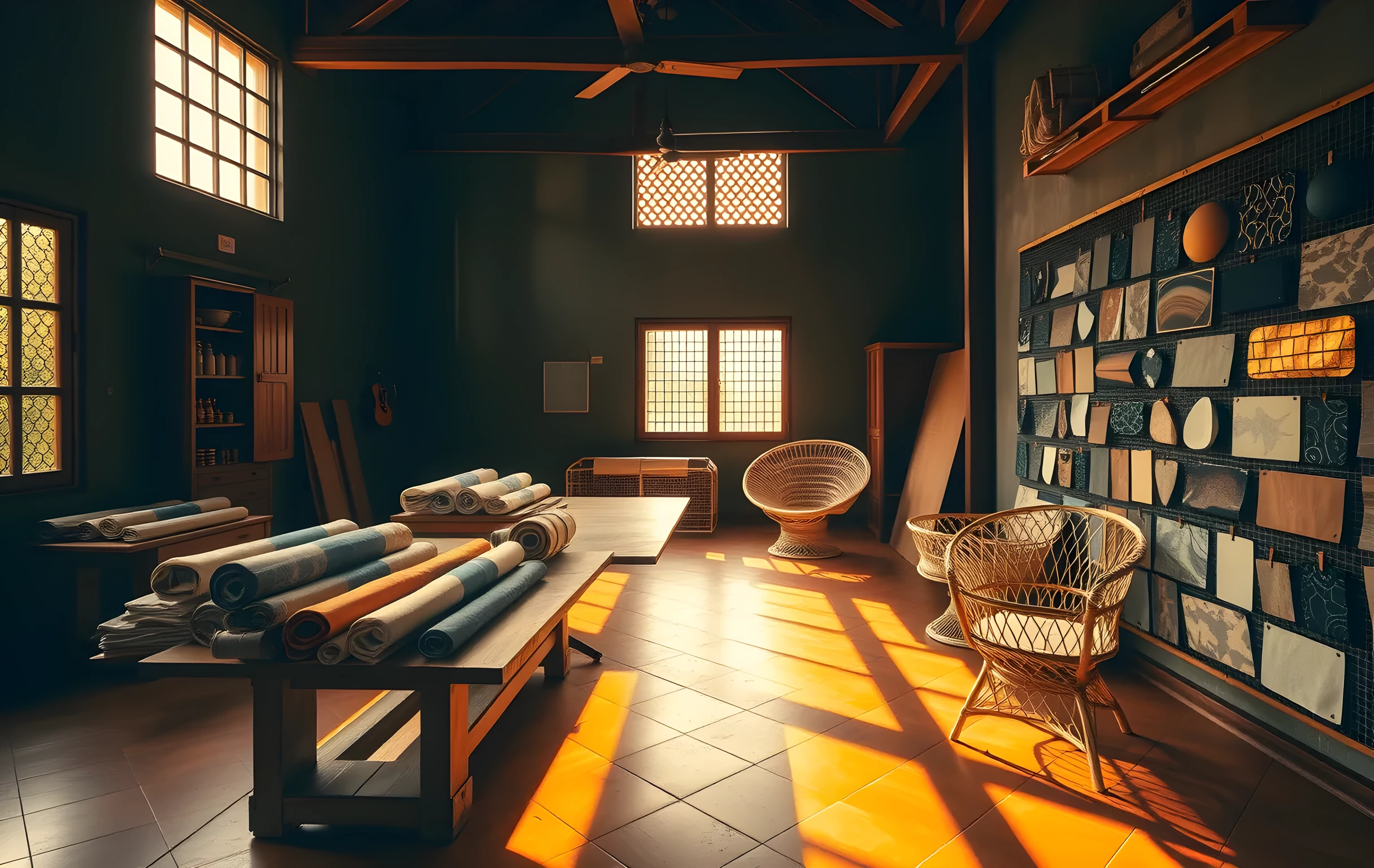 A wide interior view of a sunlit design studio inside a colonial-era bungalow in South India, terracotta-tiled floor, high ceilings with exposed teak beams, a long wooden worktable scattered with rolled fabric bolts in indigo and saffron, pinned mood boards covering one entire wall showing layered textile samples and stone swatches, a half-assembled rattan chair frame in the corner, warm golden afternoon light pouring through a jali-lattice window, no people visible