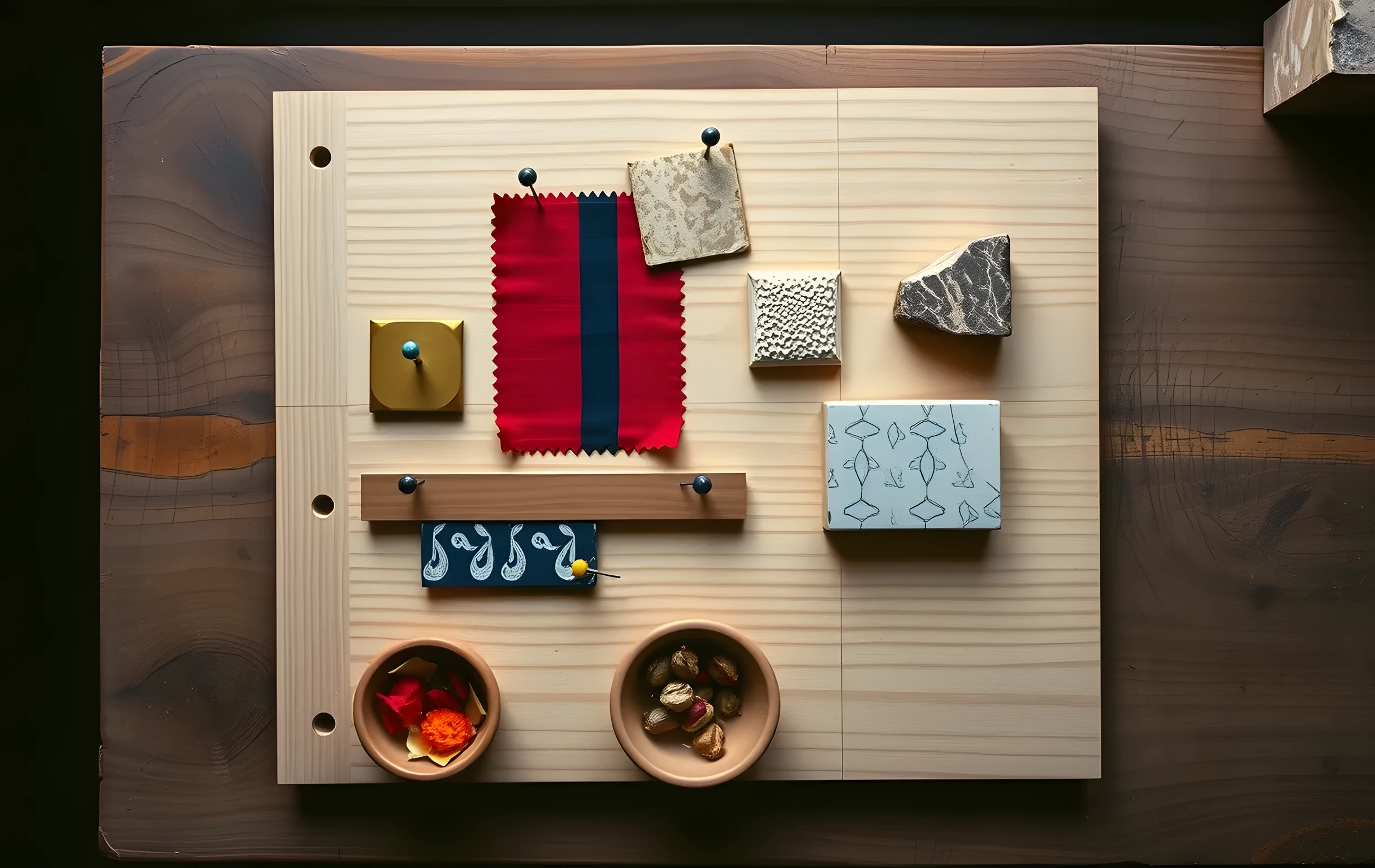 A tight overhead view of a weathered plywood sampling board on a workbench, layered with rectangular swatches of hand-block-printed cotton in madder red and indigo, small squares of hammered brass tile, a strip of raw teak wood, and a piece of rough-hewn sandstone, all pinned with rusted iron pushpins, a small unglazed clay bowl holding dried marigold petals resting at the board's lower edge, soft diffused daylight from an unseen window above