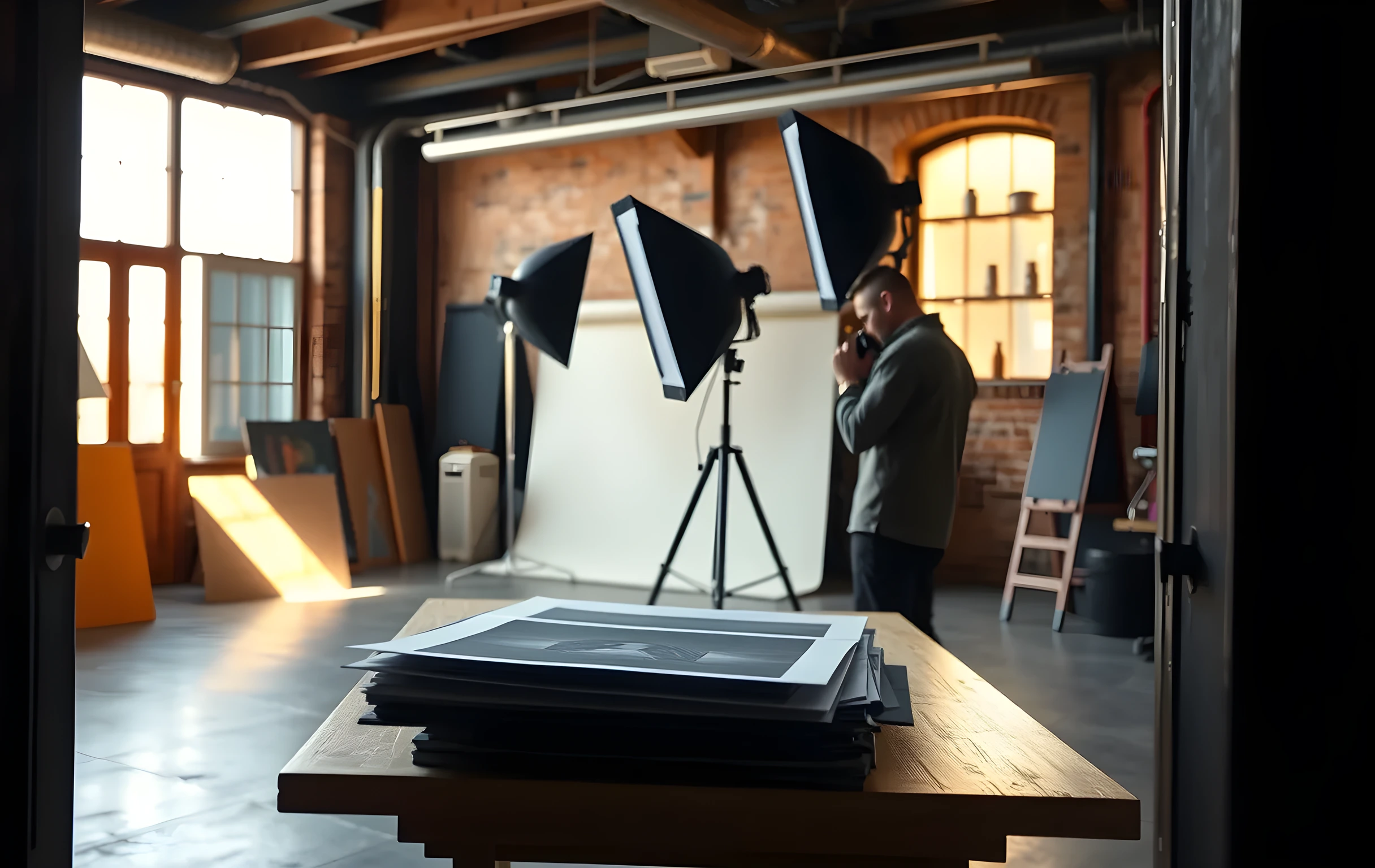 A wide environment shot of a sunlit industrial loft studio with high ceilings and exposed brick walls. A photographer stands near a rolling backdrop stand, adjusting a large softbox light on a tall tripod while reviewing test prints laid across a drafting table in the foreground