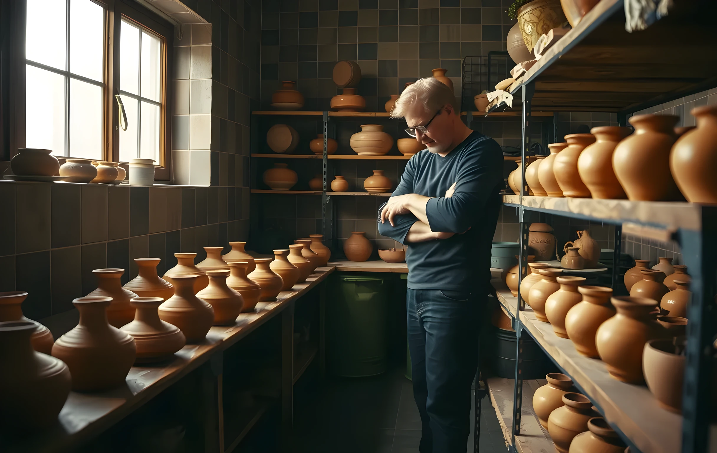 A closer detail scene inside a tiled ceramic studio corner where rows of drying terracotta vessels sit on wooden shelves. The creator stands slightly off center wiping clay from their forearms while natural light streams through a high window illuminating the workspace behind them
