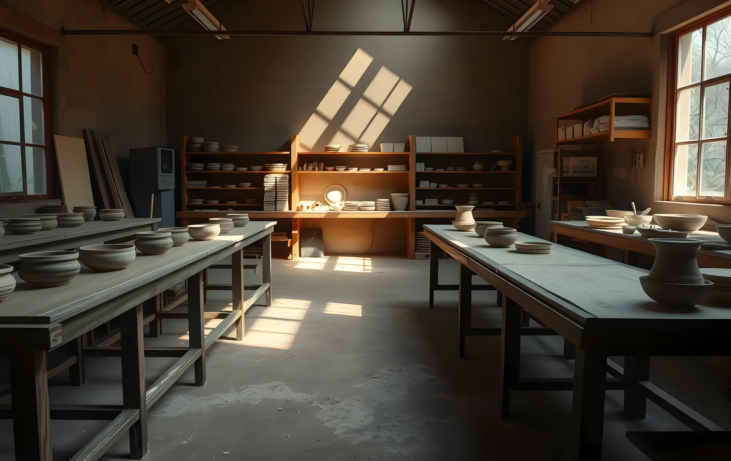A wide shot of a sunlit ceramicist workshop with long wooden tables holding wet clay forms, drying tiles, and neatly stacked wooden molds. Dust motes float in diagonal light beams across the floor, and shelves along the back wall hold glazed test pieces arranged by color temperature. The space feels active but orderly, emphasizing scale and material presence without any screens or signage