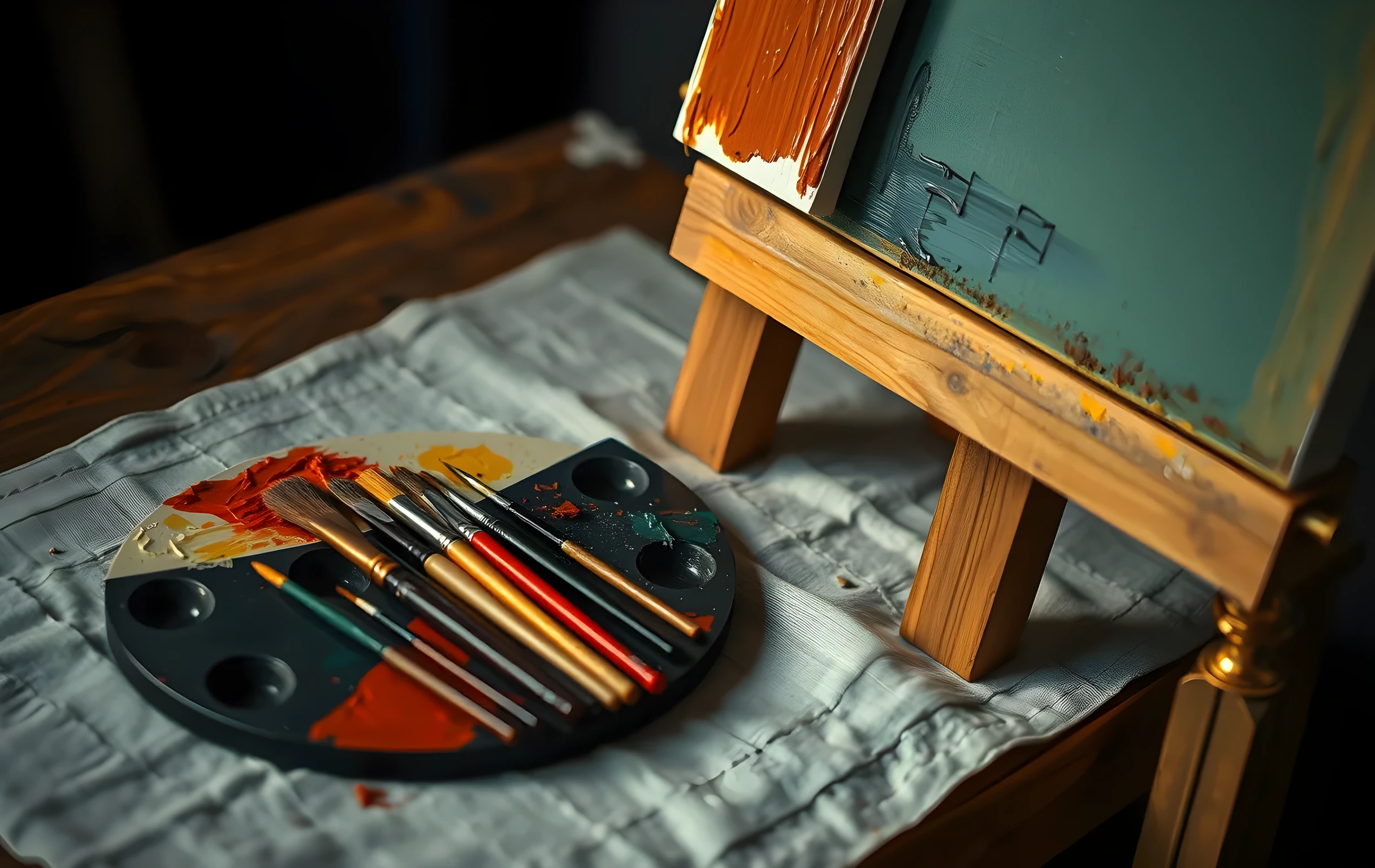 A closer detail shot of a painter worktable featuring an open palette with thick oil paint ridges, a row of natural bristle brushes resting on a linen cloth, and a half finished canvas leaning against a wooden mahlstick. Warm directional light catches the texture of the impasto strokes while a brass easel leg anchors the composition in the lower right corner. The focus remains strictly on creative tools and painted surfaces