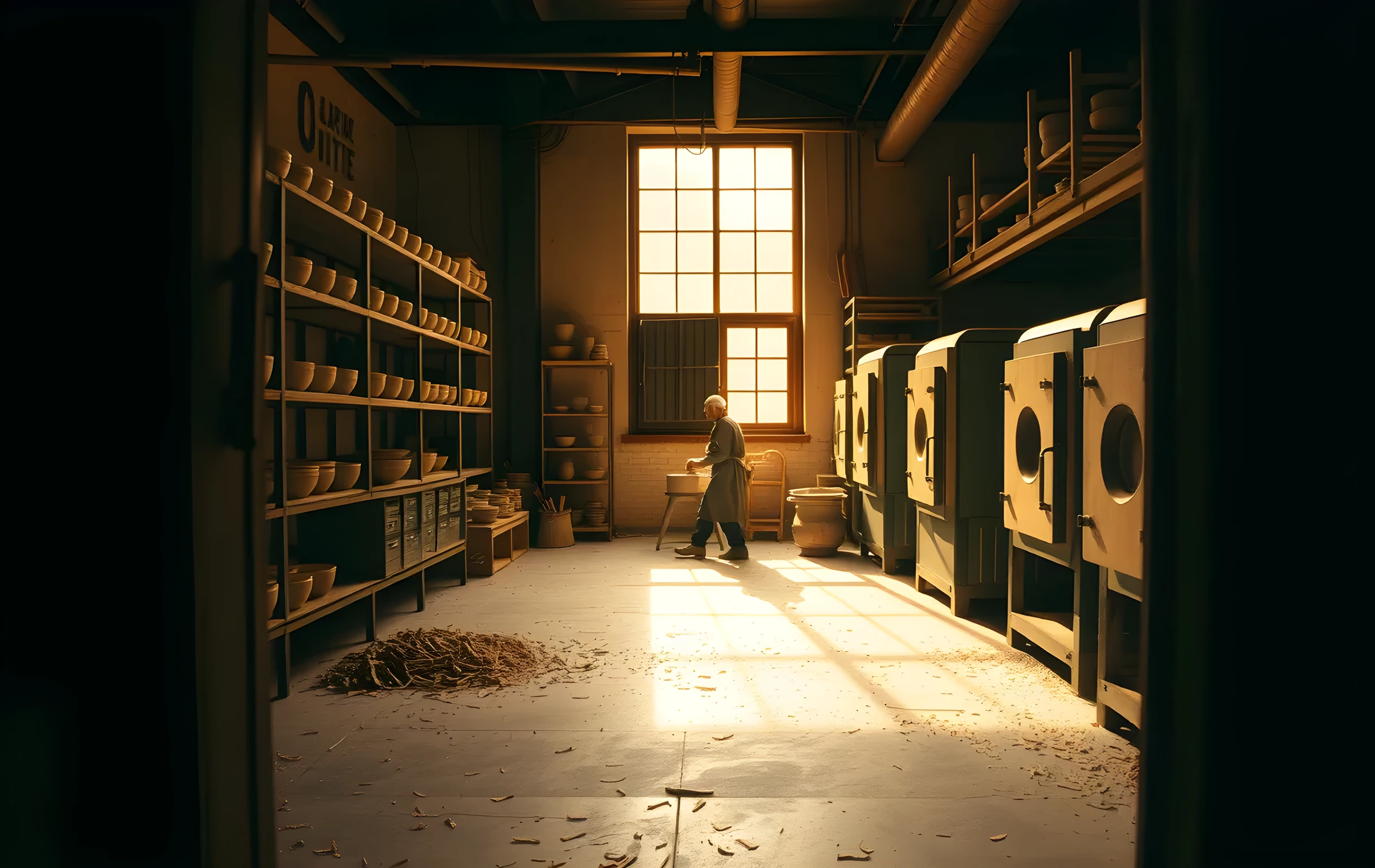 A wide interior view of a sun-drenched ceramics studio: rows of glazed stoneware bowls on wooden shelving units line the back wall, two large kilns sit in the corner with their doors slightly open, and a lone figure in a linen apron stands at a pottery wheel in the far background, dwarfed by the room. Warm amber light pours through a tall industrial window, casting long shadows across a concrete floor scattered with dried clay shavings