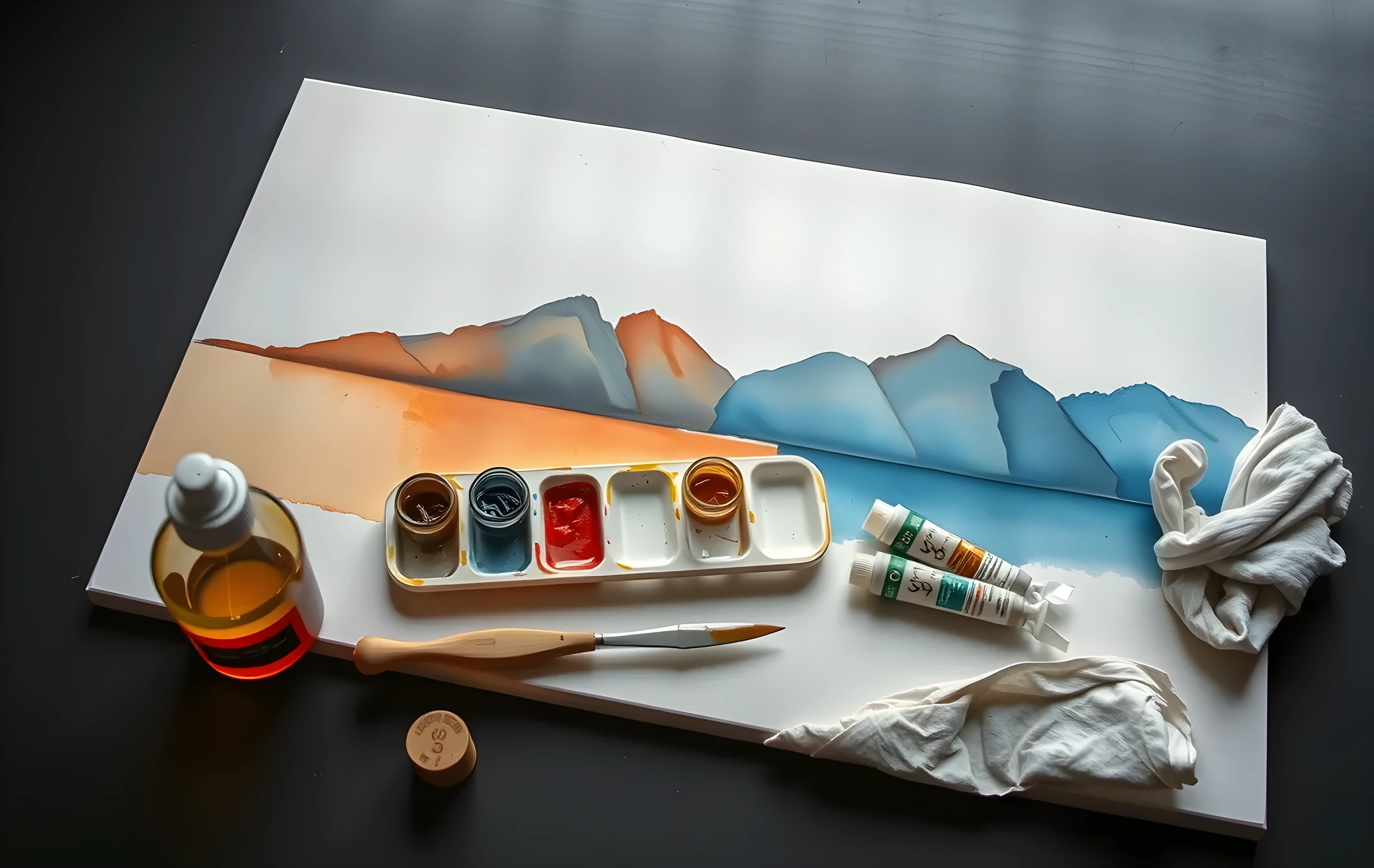 A medium-distance view of a watercolor painter's work surface: a large board holds three half-finished landscape washes in muted ochre and slate blue, beside them a row of small glass jars filled with liquid pigment in deep cadmium red, raw sienna, and indigo, a worn wooden palette knife, and two rolled tubes of gouache lying parallel. A brass spray bottle and a crumpled cotton rag rest at the edge of the board. The scene is lit by soft diffused daylight from the left