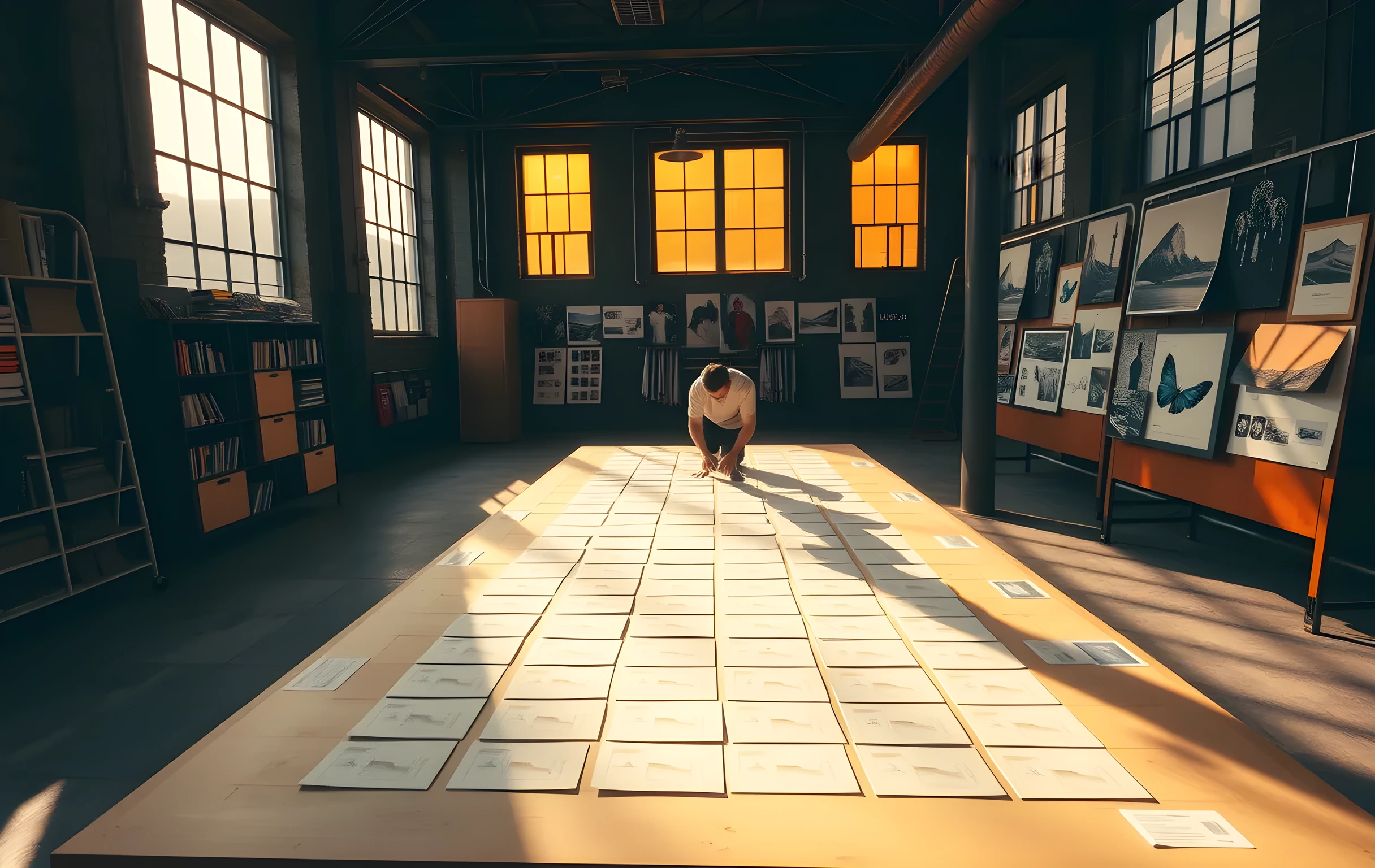 A spacious design studio bathed in warm afternoon light streaming through tall industrial windows, a long drafting table in the center covered with hand-cut card-stock layout mockups arranged in a grid, large photographic prints and fabric swatches pinned in overlapping clusters along the back wall, a metal rack of material samples standing to the left, a designer visible at medium distance in a plain t-shirt leaning over the table arranging pieces, the overall palette muted with warm wood tones and soft shadows