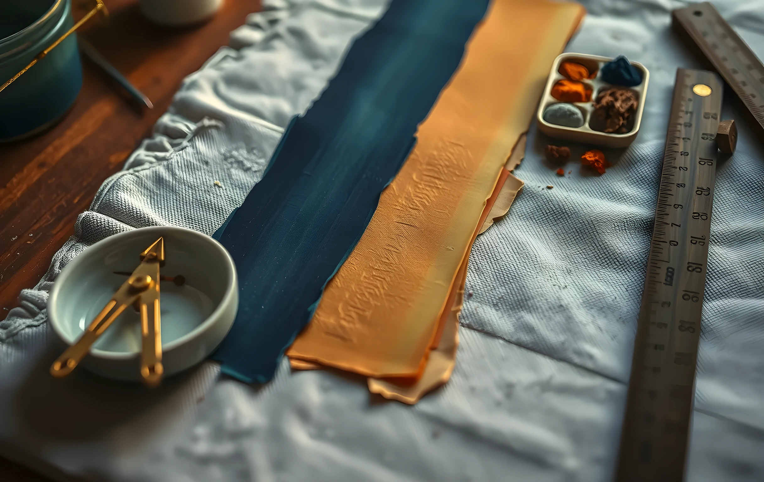 A close view of a workbench surface where thick swatches of hand-painted acrylic color are arranged in a smooth gradient row from deep indigo to pale ochre, beside them a small ceramic tray holding dried pigment samples in terracotta, sage, and charcoal, a brass drafting compass and a worn wooden ruler resting at the edge of the frame, warm directional light from the left casting long soft shadows across the textured linen surface