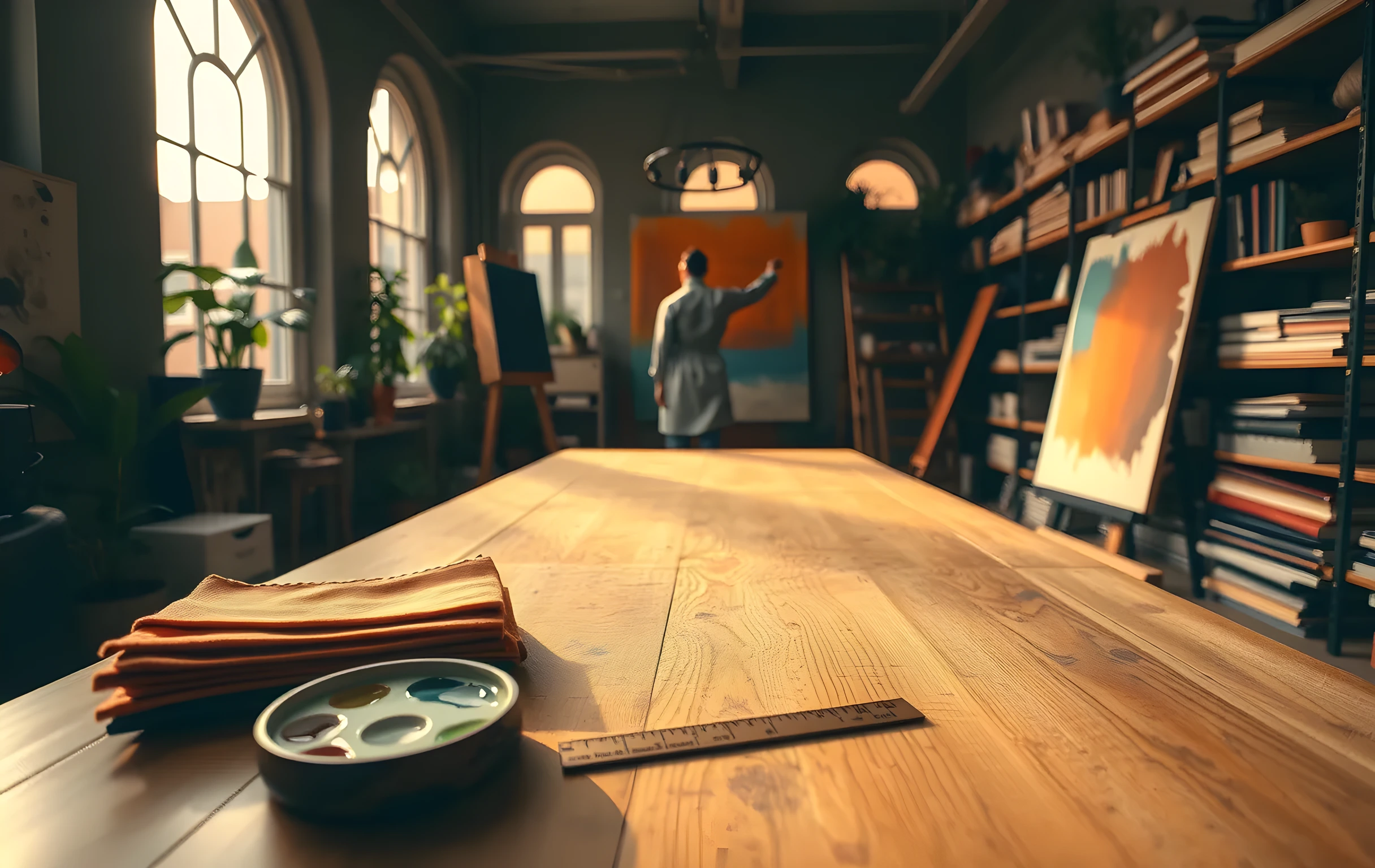 Wide interior of a sun-drenched creative studio: tall arched windows flood the room with warm golden-hour light, a long wooden drafting table holds layered fabric swatches in terracotta and indigo, a small ceramic oil-paint palette with thick mixed hues, a brass ruler, and folded sheets of textured handmade paper in cream and sage. An easel stands nearby displaying a large abstract color-field canvas in ochre and deep teal. Shelves along the back wall are stacked with art books, material sample boxes, and potted trailing plants. A figure in a paint-splattered smock is visible at the far end of the room, seen from behind at medium distance, reaching toward the shelves. The overall mood is warm, tactile, and lived-in