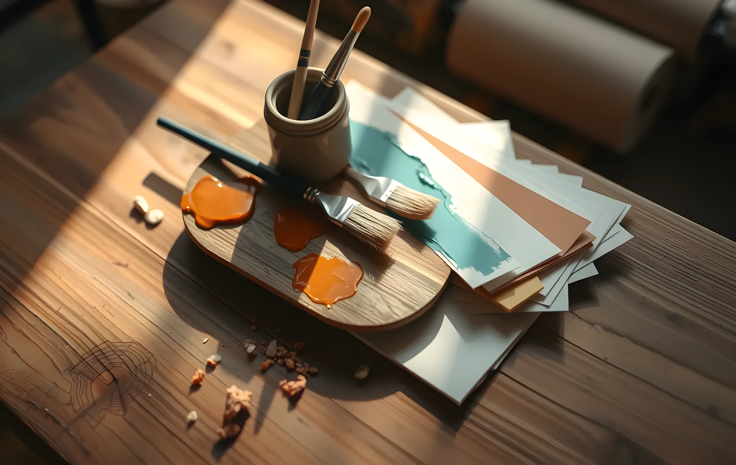 Close detail of a small workbench surface bathed in raking late-afternoon light: a wooden artist palette with thick, glossy swatches of mixed acrylic paint in burnt sienna, muted teal, and warm ochre sits at center. Beside it, a small ceramic jar holds three flat brushes with worn bristles. A stack of handmade paper sheets in cream, pale sage, and dusty rose is fanned slightly open. A few scattered granules of dry pigment catch the light like tiny colored stones. The surface beneath is worn raw wood with visible grain and faint water rings. Shallow depth of field softens the background into a warm amber blur. No text, no screens, no faces