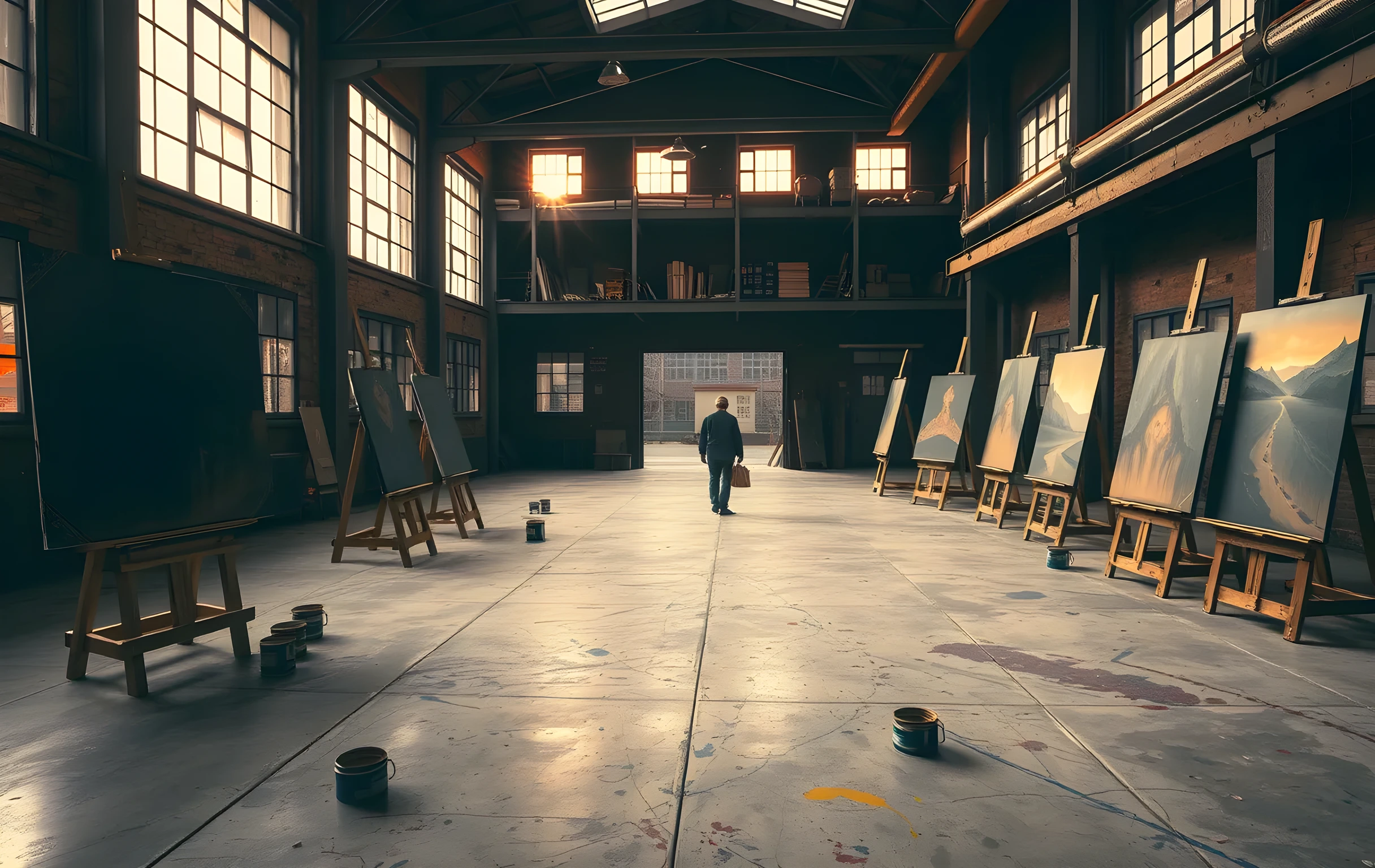 A vast single-story art studio bathed in warm late-afternoon light streaming through tall industrial windows, multiple large canvases on wooden easels at various stages of completion, paint-splattered concrete floor with scattered brushes and open pigment tins, a small figure of an artist standing far in the background before the largest canvas, the room stretching wide with a mezzanine level visible above holding rolled papers and storage crates