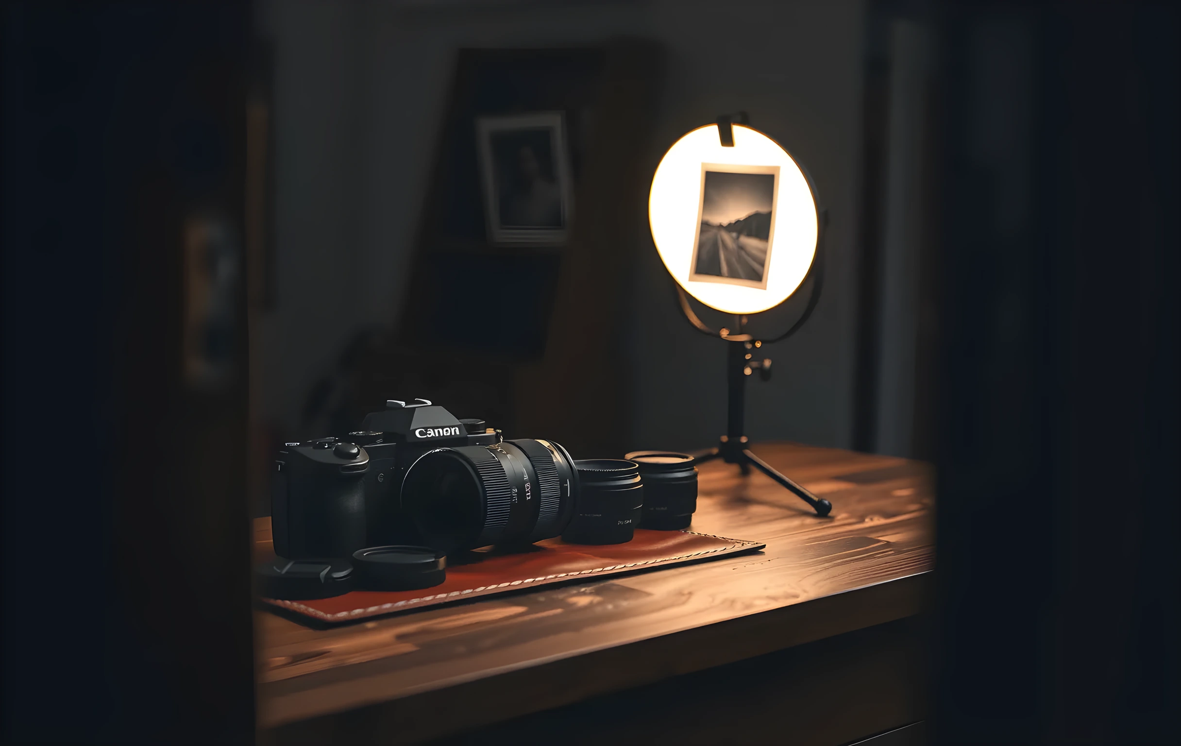 A medium-distance view of a photographer's wooden workbench in a dim studio, a professional camera body resting on its side atop a leather mat, three prime lenses with caps removed arranged in a loose row, a small circular light stand with a diffusion panel glowing softly at the right edge of frame, a single half-developed black-and-white print pinned to a drying rack just beyond the bench