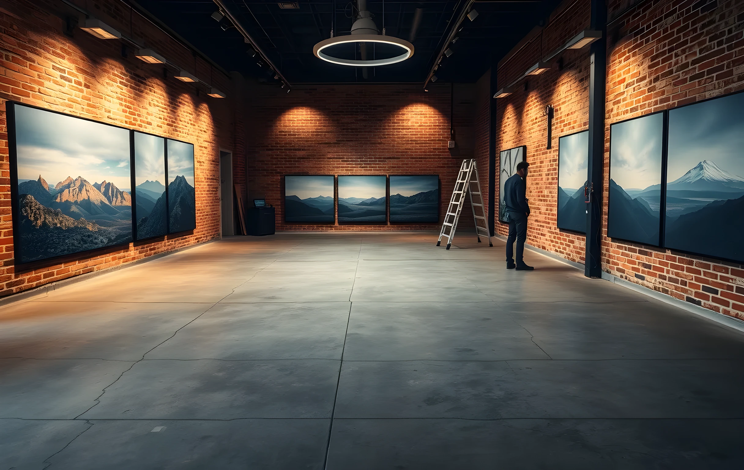 Wide environment scene in an art studio gallery space. Exposed brick walls display a curated sequence of large-format landscape prints arranged in a deliberate visual rhythm. Soft overhead tracks illuminate the concrete floor, while a creator stands at far distance reviewing a mounted contact sheet rack