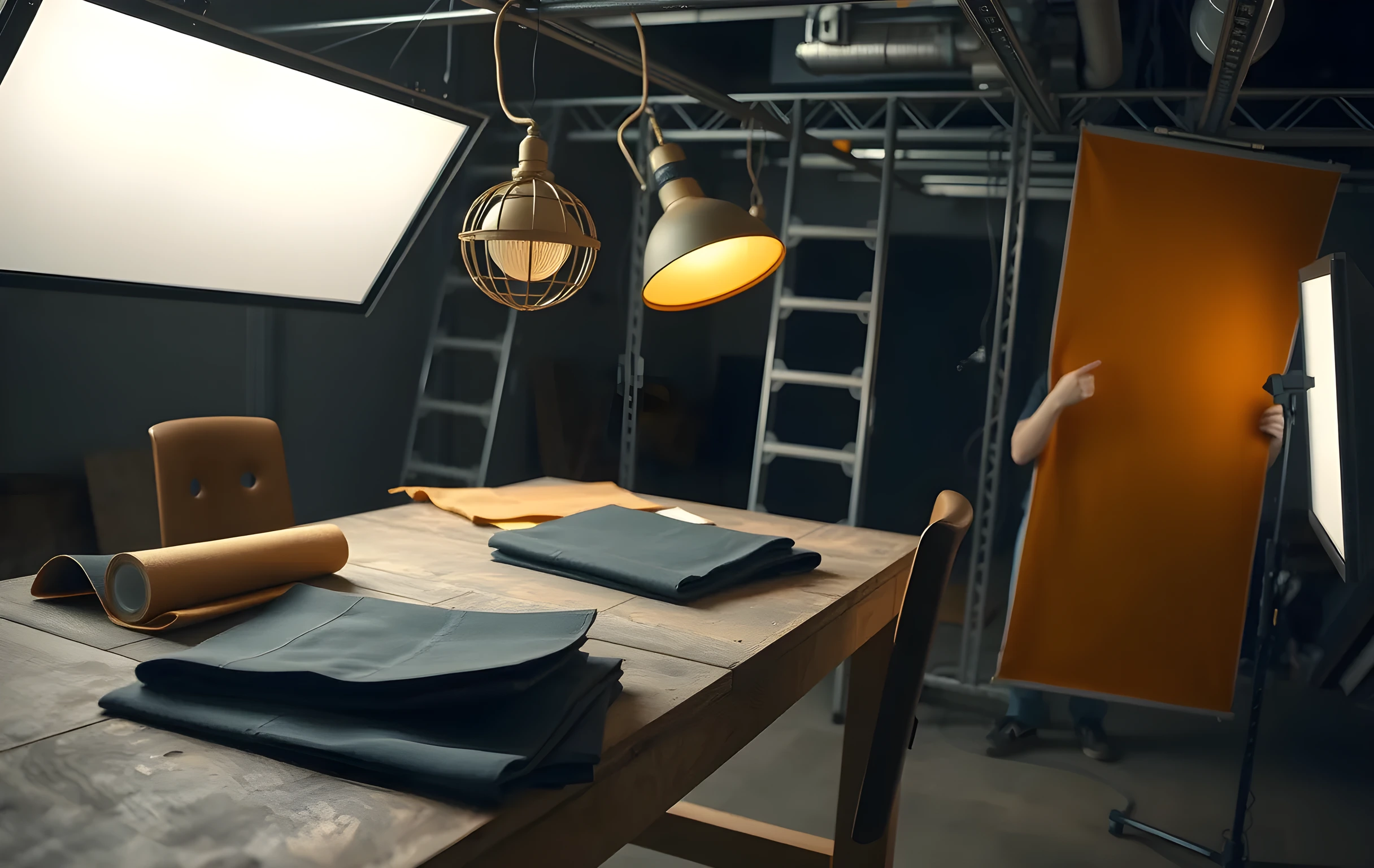 Closer detail scene on a film set lighting grid. Heavy steel trusses hold diffusion frames and practical lamps suspended above a worn wooden workbench. Brass gaffer tape rolls, matte black flag panels, and woven canvas swatches rest near the edge. A creator appears at medium distance in soft focus adjusting a large reflector panel