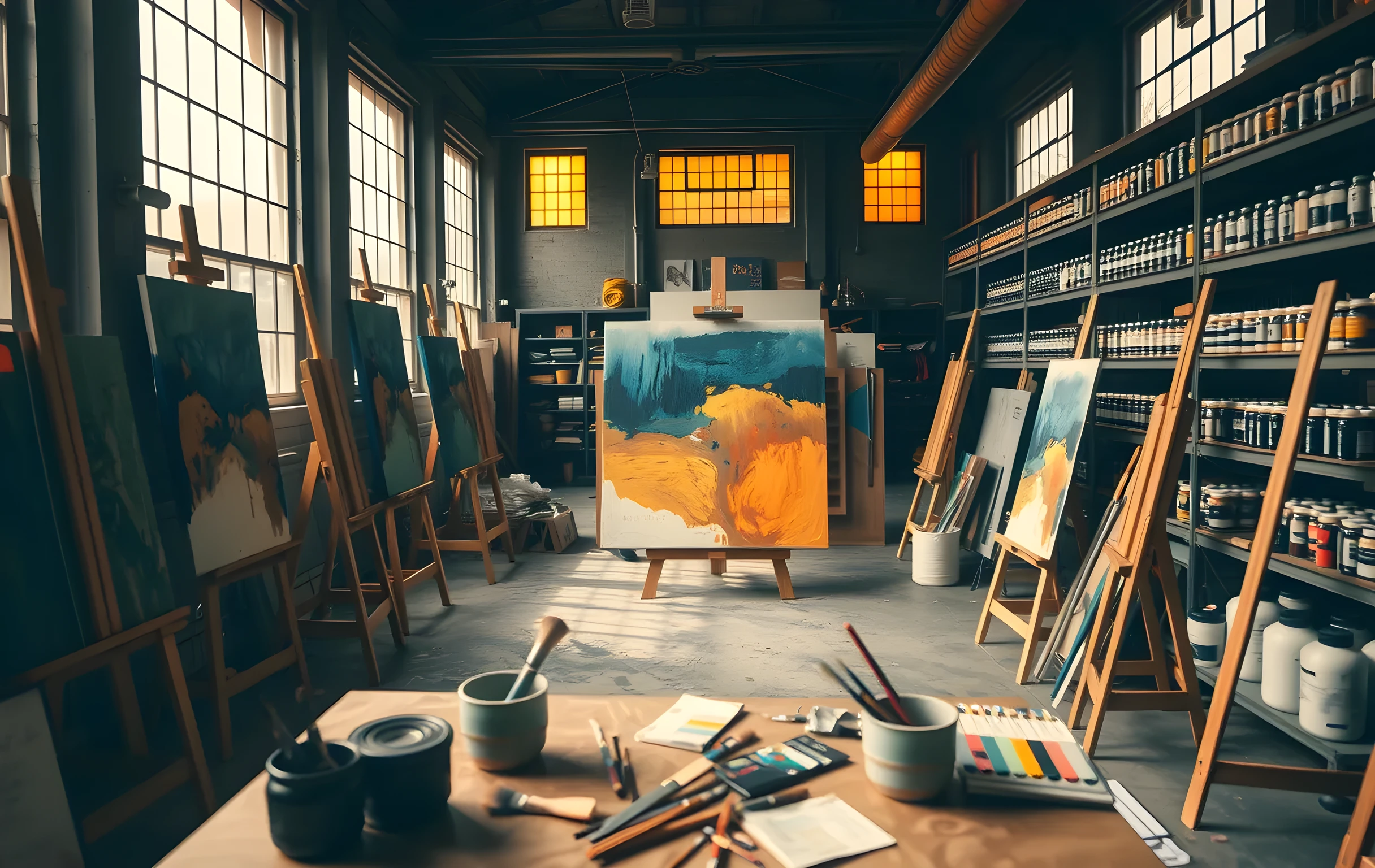 A wide-angle view of a large, sunlit painting studio with tall industrial windows flooding the space with warm afternoon light, multiple wooden easels holding half-finished canvases at various stages, shelves along the back wall crowded with jars of pigment and stacked tubes of oil paint, a canvas in the middle distance showing broad gestural strokes in ochre and deep blue, scattered brushes in ceramic cups on a low worktable, the room feeling lived-in and active, no people visible, the space stretching back to a doorway where an exterior corridor is faintly visible