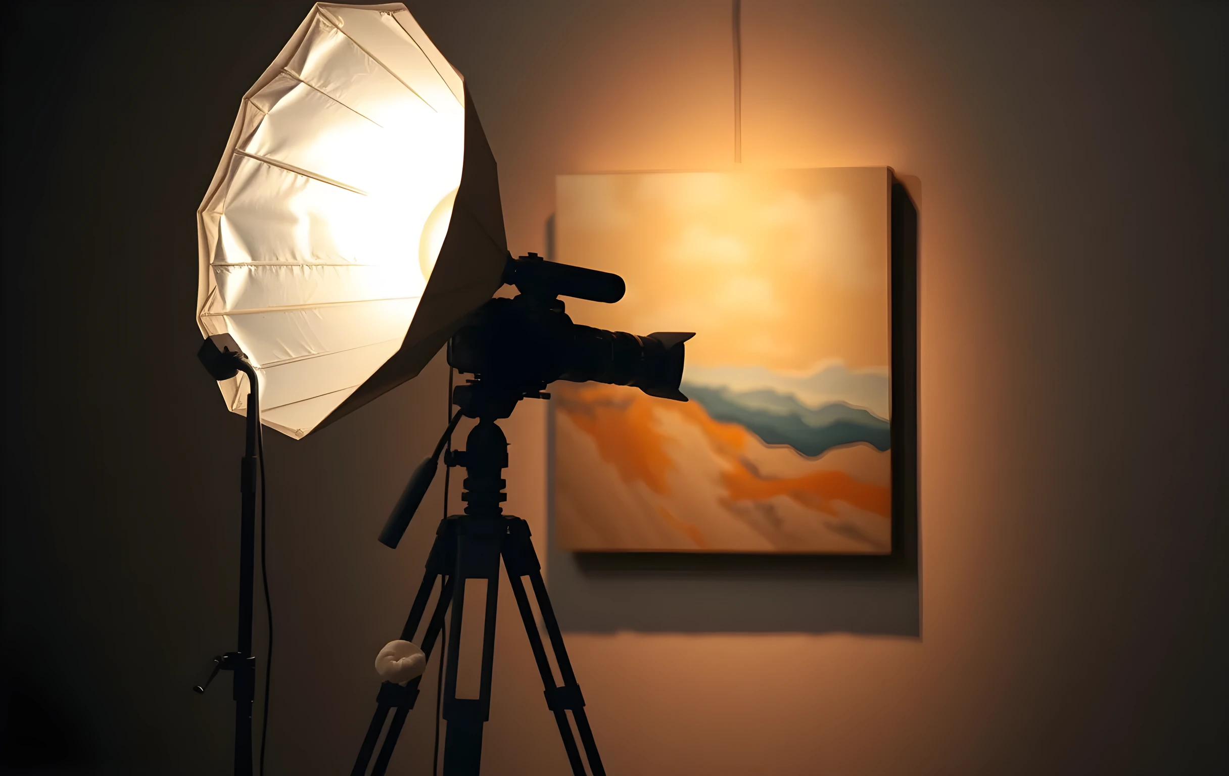 A tight detail shot at a film set lighting position: a large silver softbox reflector angled downward casting a warm golden glow across a rough-textured gallery wall where a single abstract painting in muted earth tones hangs, behind the softbox a cinema camera mounted on a heavy tripod sits in soft focus with its lens hood catching a small highlight of light, cables and a sandbag anchor visible at the base of the light stand, the shallow depth of field blurring the background into warm bokeh, the scene intimate and focused on the interplay of artificial light against painted surface