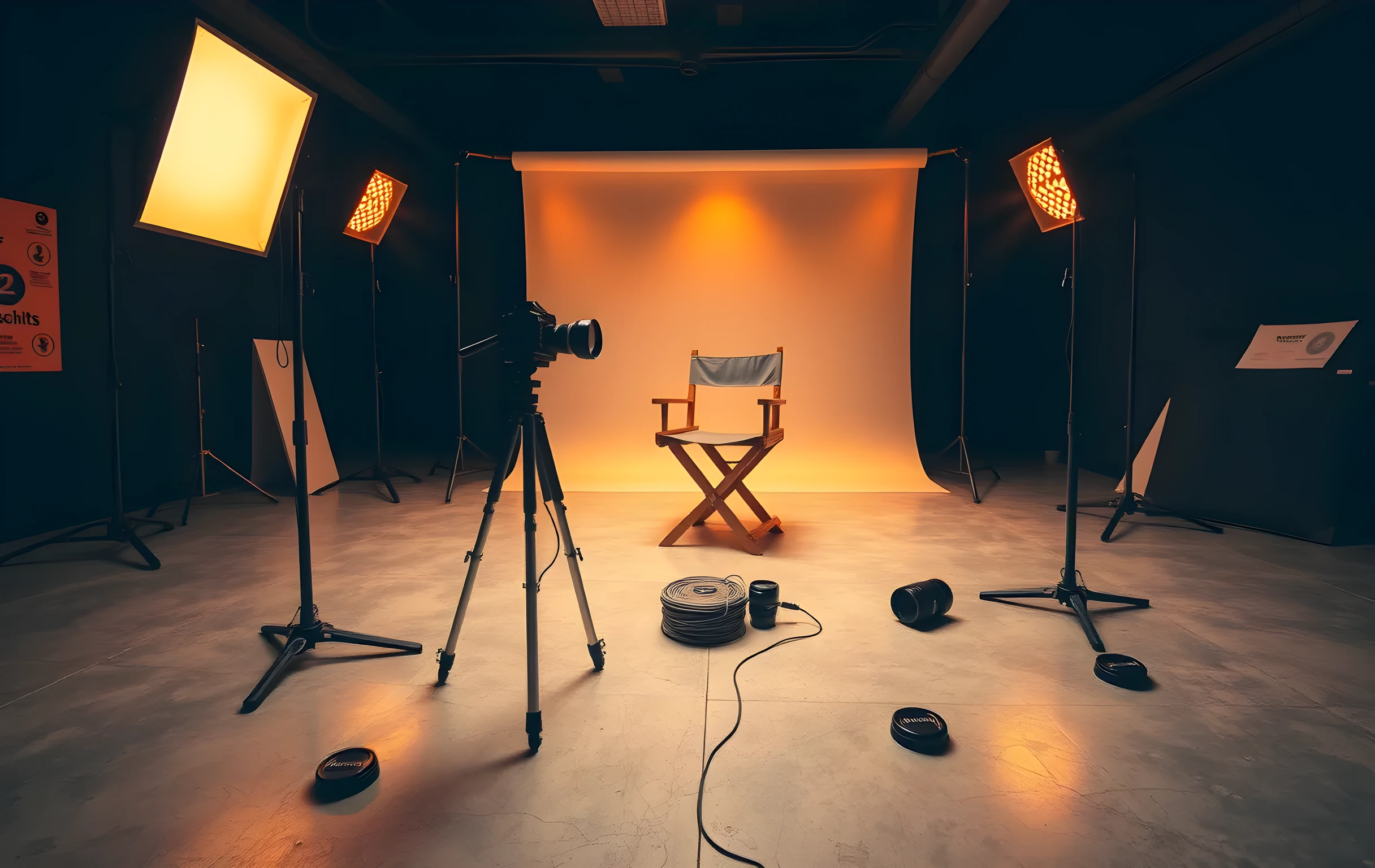 A wide interior shot of a photography studio bathed in warm tungsten light: two tall C-stand softboxes glowing amber on either side, a large white seamless backdrop roll unspooled along the back wall, a medium-format camera mounted on a tripod pointing toward an empty wooden director's chair in the center of the room, scattered lens caps and a cable reel on the concrete floor, visible dust motes in the light beams, no people present, the space feels lived-in and mid-session