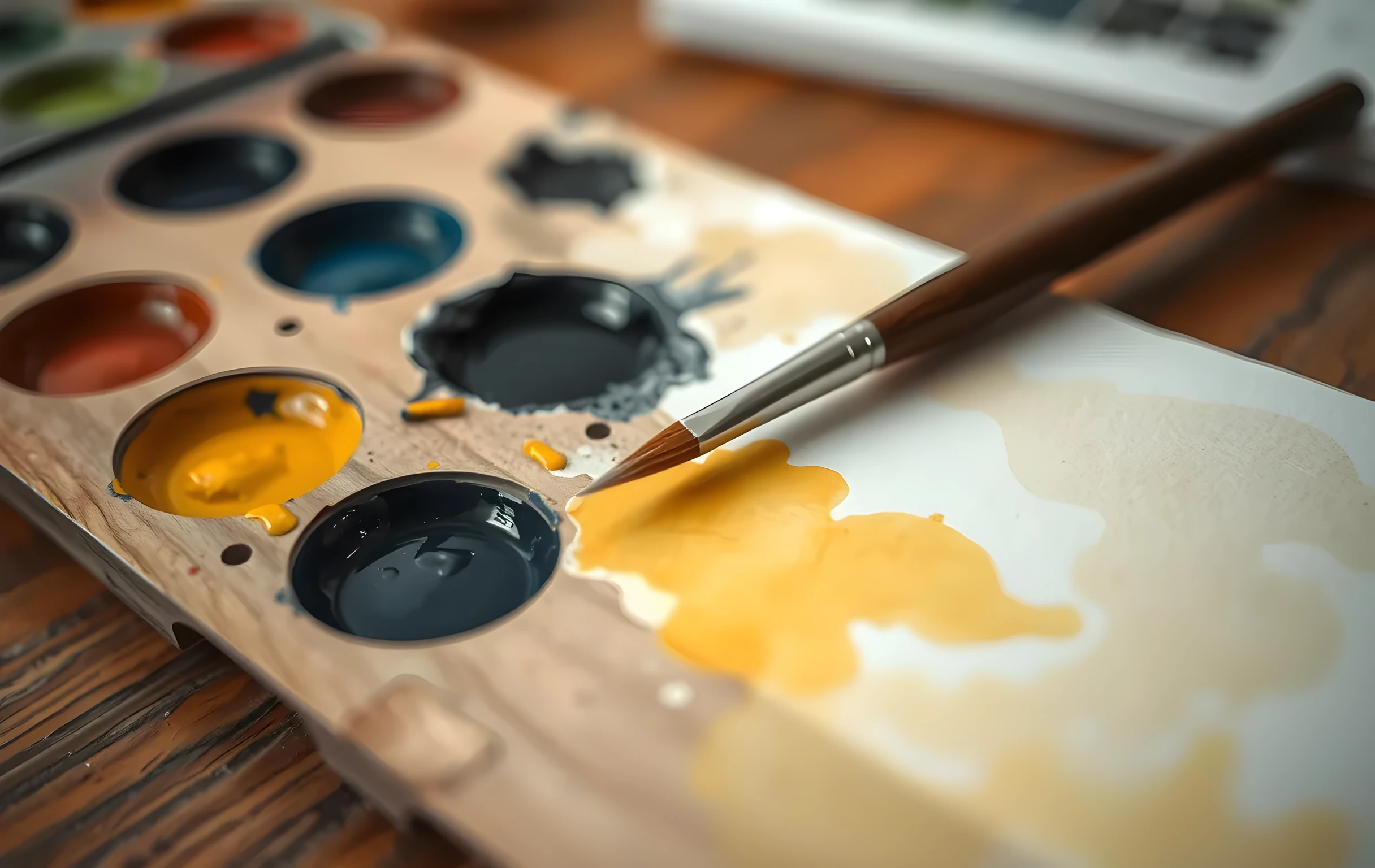 A close detail of a well-worn wooden watercolor palette with wells filled with half-mixed pigments in deep indigo, burnt sienna, and cadmium yellow, a fine sable brush resting across a sheet of cold-press paper where wet granulating washes are still drying and pooling at the edges, the grain of the wood table visible beneath, shallow depth of field softening the background into a warm blur, no hands or faces in frame
