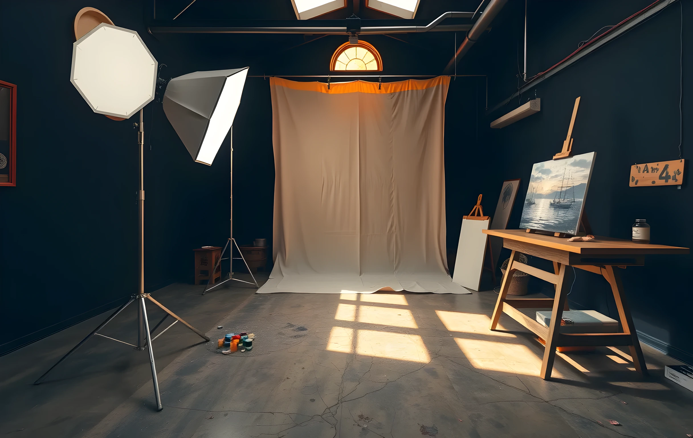 A wide-angle view of a sunlit photography studio in the late afternoon: a tall aluminum light stand with a large octagonal softbox angled toward a slightly wrinkled muslin backdrop, an easel in the far corner holding a half-finished oil painting of a harbor scene, scattered pigment tubes and a wooden palette on a worn workbench, paint smudges on the concrete floor, dust motes visible in the shaft of warm light entering through a high clerestory window, the room empty but clearly mid-session