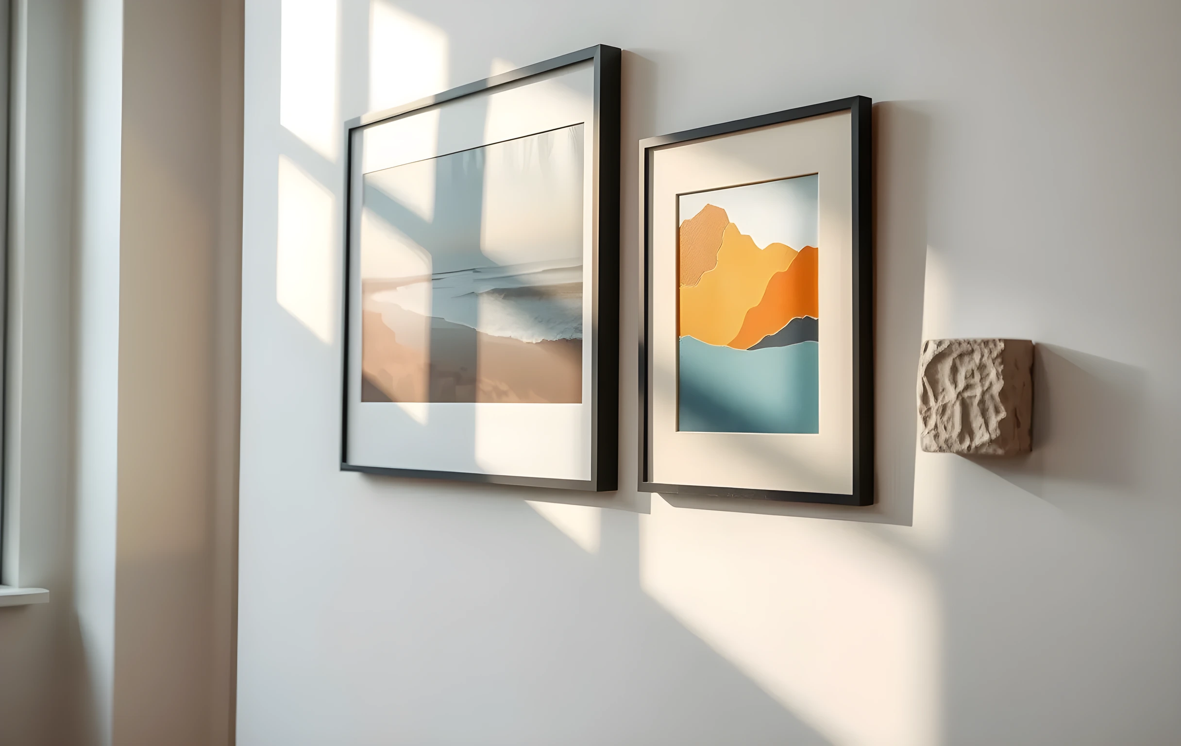 A close detail of a white plaster gallery wall where three framed works hang at slightly different heights: a large coastal landscape photograph in a thin black frame, a smaller abstract color study in ochre and slate blue with a wide cream mat board, and a small sculptural relief piece mounted directly on the wall catching raking afternoon light from a tall window to the left, the rough texture of the plaster visible around each frame edge, warm shadows stretching diagonally across the lower portion of the wall