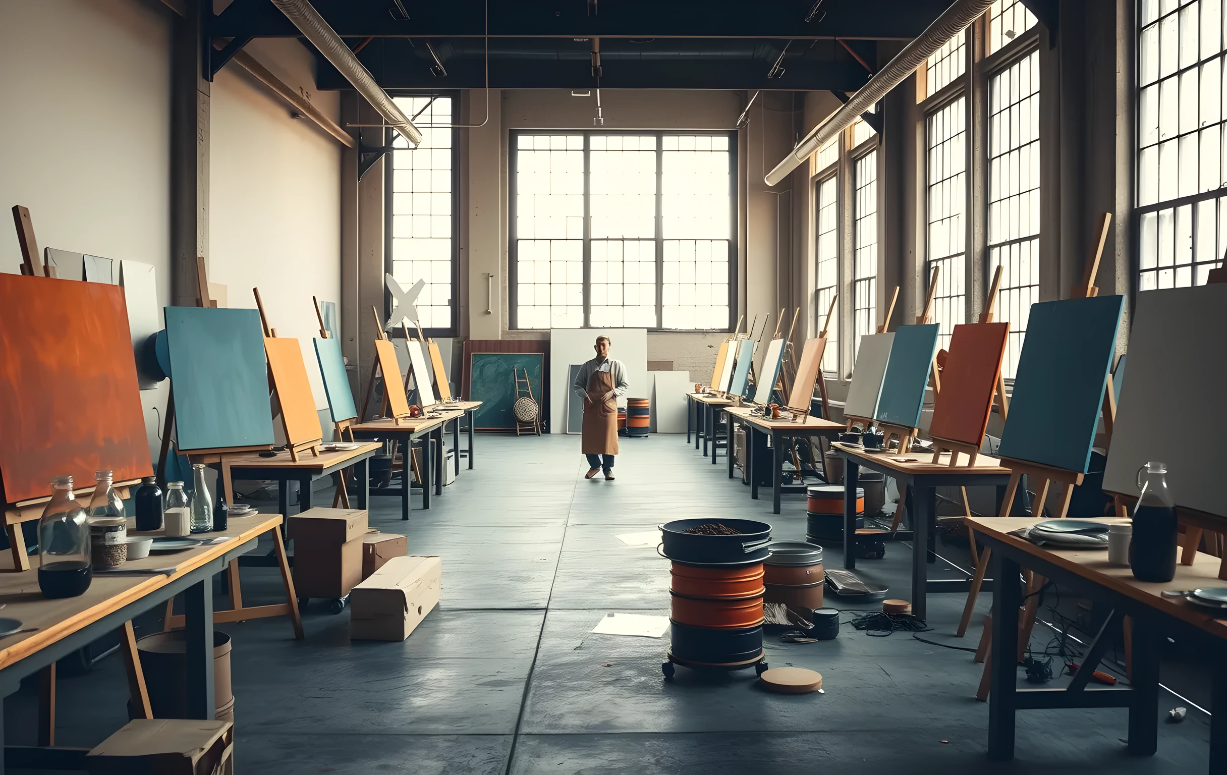 A vast, sun-drenched art studio interior viewed from the far end: multiple wooden easels holding unfinished canvases in ochre and cerulean tones line both walls, wide workbenches are scattered with glass jars of dried pigment, crumpled rags, and half-mixed palettes, tall industrial windows flood the space with warm afternoon light, a lone figure in an apron is visible only as a small silhouette deep in the background among the equipment, the floor is worn concrete marked with old paint splatters, the overall mood is quiet, productive, and lived-in