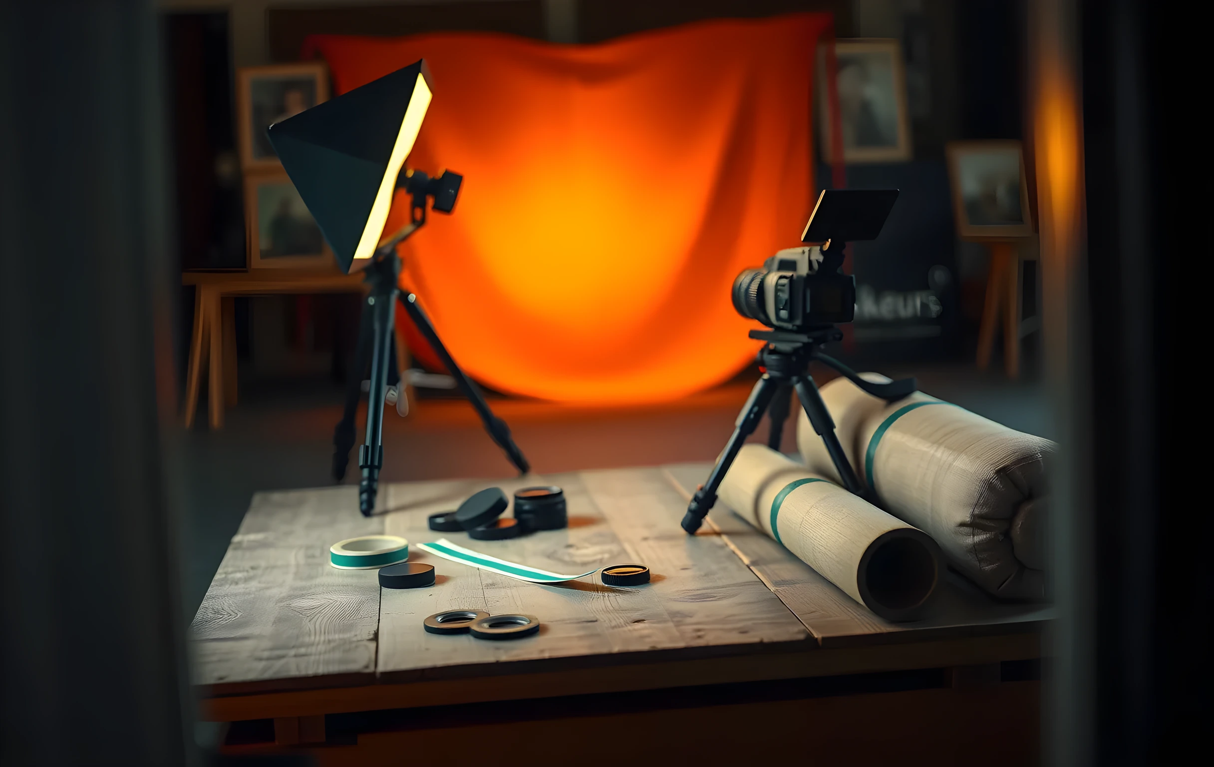 A close-detail view of a film set corner at golden hour: a large softbox light on a heavy stand casts a warm amber glow across a wooden platform, a cinema camera on a tripod sits slightly out of focus in the mid-ground, gaffer tape strips and a few lens caps are scattered on the weathered plywood surface, a rolled slate board leans against a sandbag base, shallow depth of field blurs the background into soft bokeh of warm oranges and deep greens, no people visible, the scene feels like a pause between takes