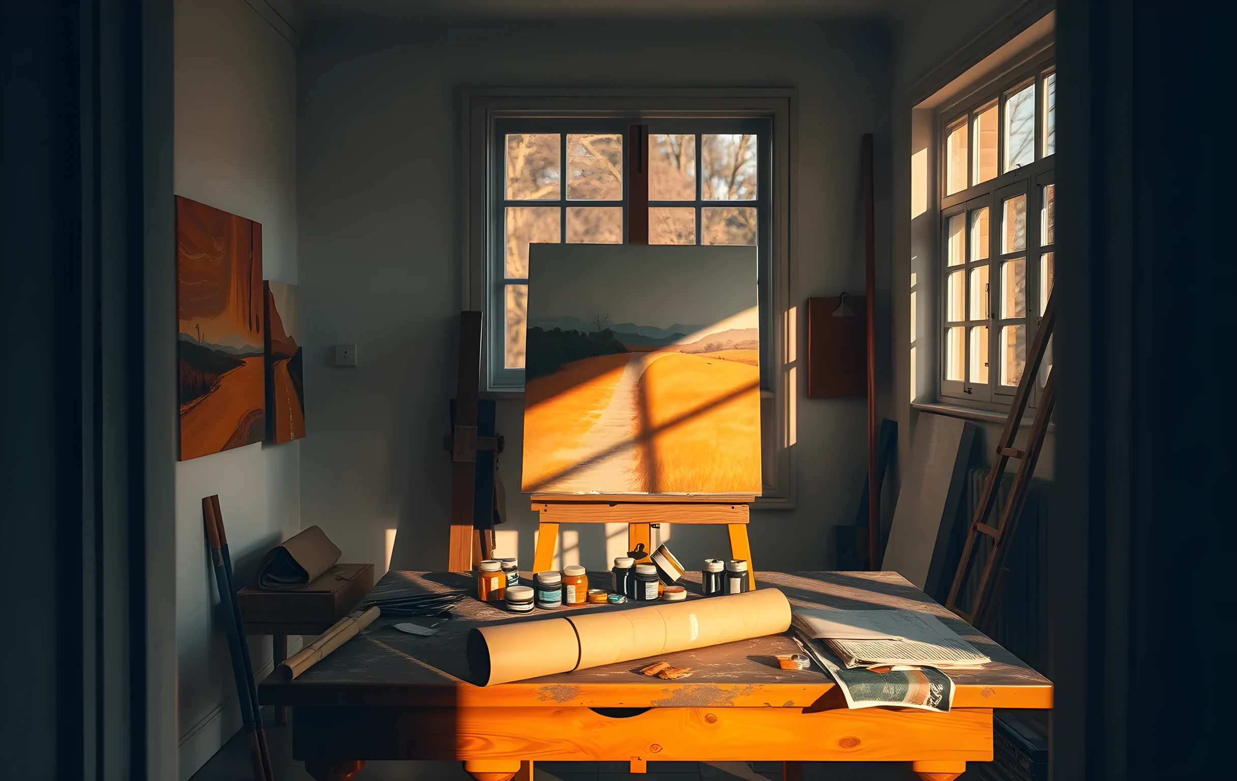 A wide interior view of a working art studio at golden hour: three large canvas panels lean against a white wall, one still wet with visible brushstroke ridges in ochre and burnt sienna; a tall steel easel holds a half-finished landscape in the center; scattered pigment jars with their lids off sit on a scarred wooden workbench in the foreground; warm directional light from a large north-facing window rakes across the scene, casting long soft shadows; a rolled-up portfolio tube rests against the bench leg; no people visible, the room feels lived-in and active