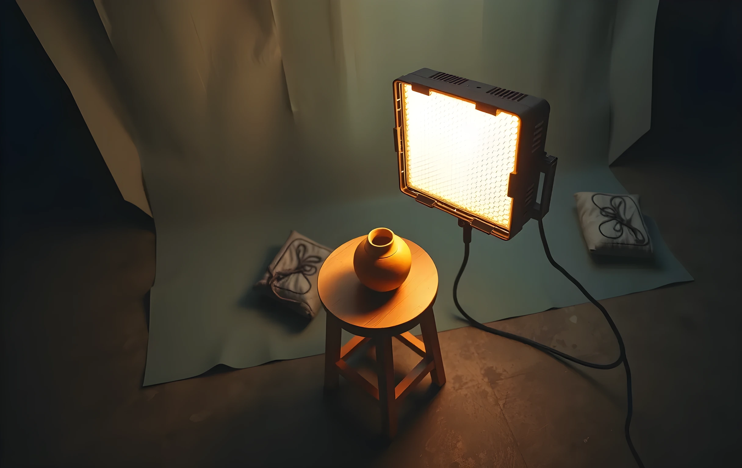 A close detail of a photographer's light setup on a concrete floor: a single LED panel with a honeycomb grid attached to a black flag stand, its warm glow illuminating a small ceramic vase placed on a wooden stool; behind it, a backdrop paper roll in muted sage green is partially unrolled and weighted by two steel sandbags; the background falls into deep shadow; shallow depth of field keeps the vase and light panel crisp while the backdrop blurs softly; no faces, no hands, no text visible anywhere