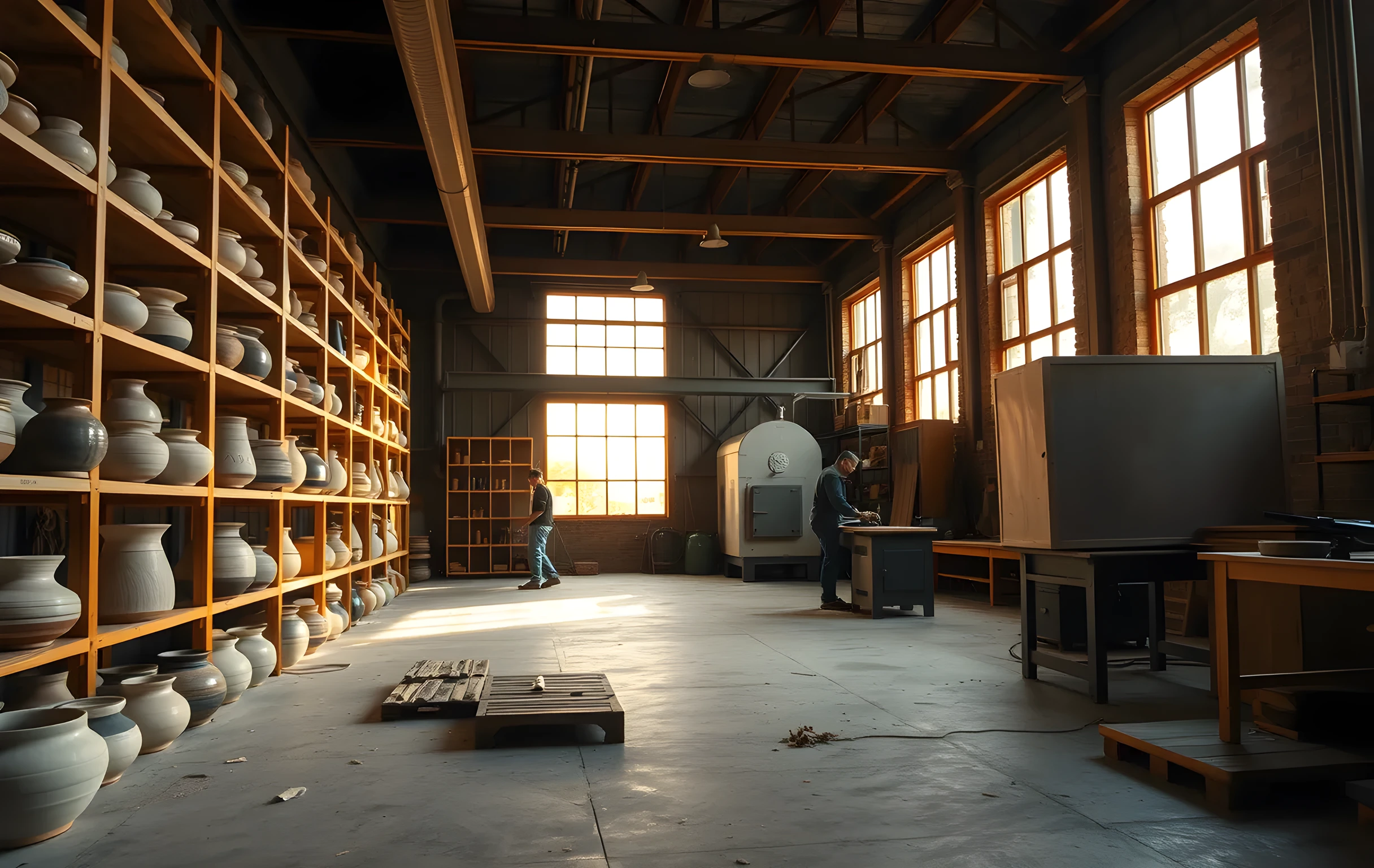 A wide-angle view of a sunlit ceramics studio in late afternoon: rows of wheel-thrown stoneware vessels in various glaze stages line tall wooden shelves along the left wall, a large kiln with its door slightly ajar sits in the far background, and a single figure stands small and distant at a potter's wheel near a tall industrial window that floods the room with golden light, dust motes visible in the beams, concrete floor with scattered clay shavings