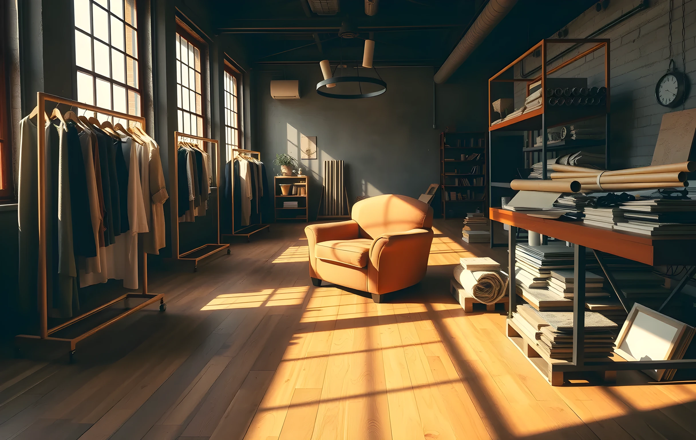A wide-angle view of a sunlit interior design studio: tall industrial windows casting long shadows across warm oak floors, large bolts of linen and bouclé fabric draped over wooden clothing racks along one wall, a full-scale armchair mockup in muted terracotta velvet at center, rolled drafting tubes stacked beside a workbench cluttered with wood sample blocks and ceramic tile pieces, soft golden afternoon light filling the space, no people visible, no text or signage anywhere