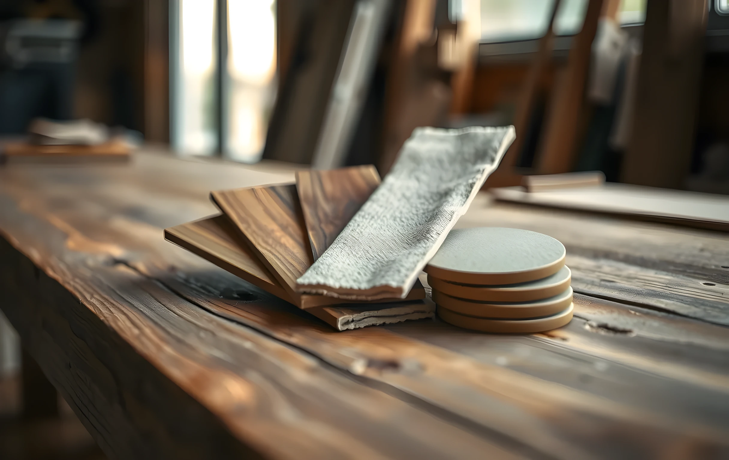 A tight detail shot on a heavy wooden workshop bench: a small fanned arrangement of natural material samples, rough-hewn walnut boards, a slab of honed travertine, three rolled strips of undyed canvas, a cluster of matte ceramic coasters in earth tones, catching raking light from an off-frame window that throws long soft shadows across the grain, shallow depth of field blurring the background into warm amber bokeh, no hands, no faces, no text, no screens