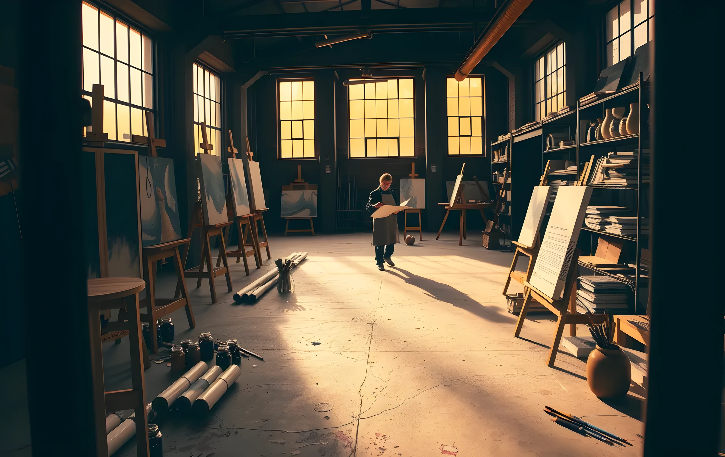 A wide interior view of a large art studio in late afternoon. Multiple wooden easels hold half-finished canvases with visible brushstrokes and layered pigment. Tall industrial windows flood the space with warm amber light, casting long shadows across a concrete floor scattered with dried paint tubes, glass jars of raw pigments, and rolls of canvas. A single figure in an apron stands far in the background at a drafting table, small against the room's scale, turning a sheet over to examine it. Shelves along one wall hold stacks of printed portfolio books and ceramic vessels holding bundles of brushes. The mood is quiet, mid-process, unhurried