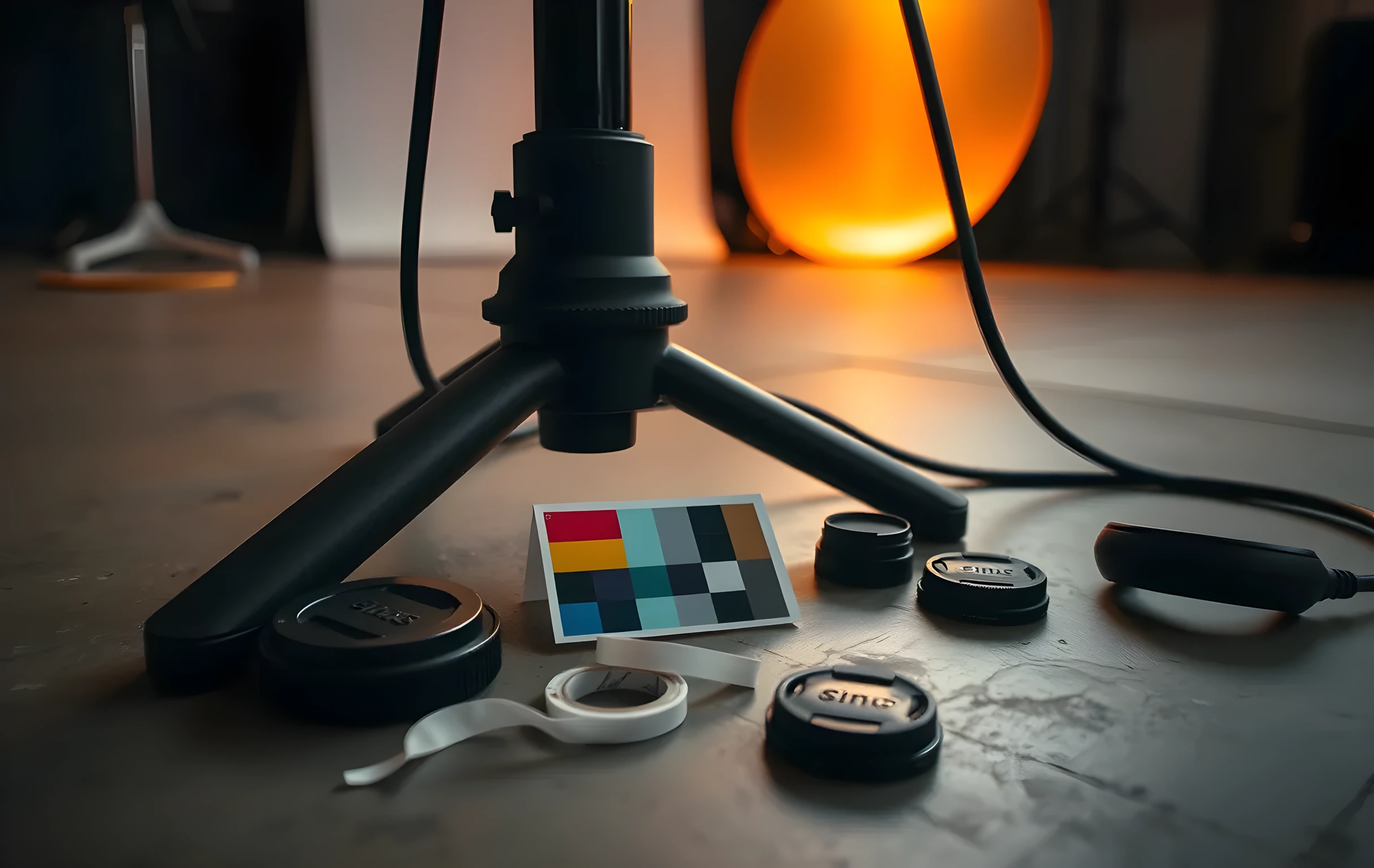 A low-angle close detail on a photographer's work area on a concrete studio floor. A heavy steel light stand base with rubber feet anchors the frame, its cable snaking across the ground toward the lower right. A softbox arm extends upward and out of the top of the frame. Scattered near the base are three lens caps in different sizes, a small color-checker card with its grid of colored patches, and a coiled roll of gaffer tape. Shallow depth of field blurs the background into a warm wash of reflected light from a nearby reflector panel. No people, no text, no screens