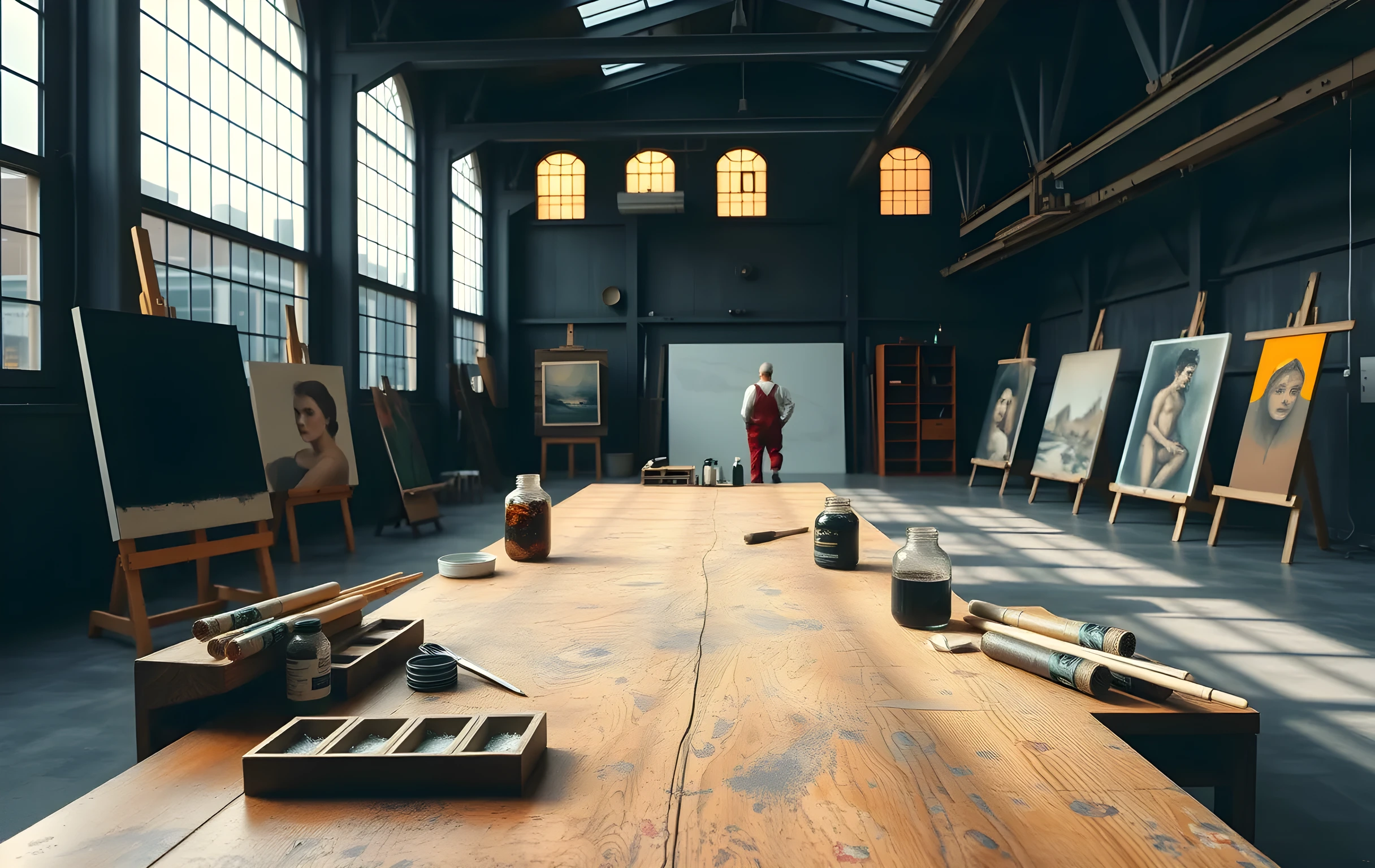 A wide interior shot of a large industrial art studio with tall steel-frame windows flooding the space with cool morning light, three wooden easels holding half-finished oil paintings of varying scales along one wall, a long scarred workbench in the foreground cluttered with squeezed pigment tubes, glass jars of turpentine, and bundles of hog-bristle brushes, a solitary figure in paint-spattered overalls visible at the far end of the room standing before a large canvas, the composition emphasizing depth and the quiet scale of the working space