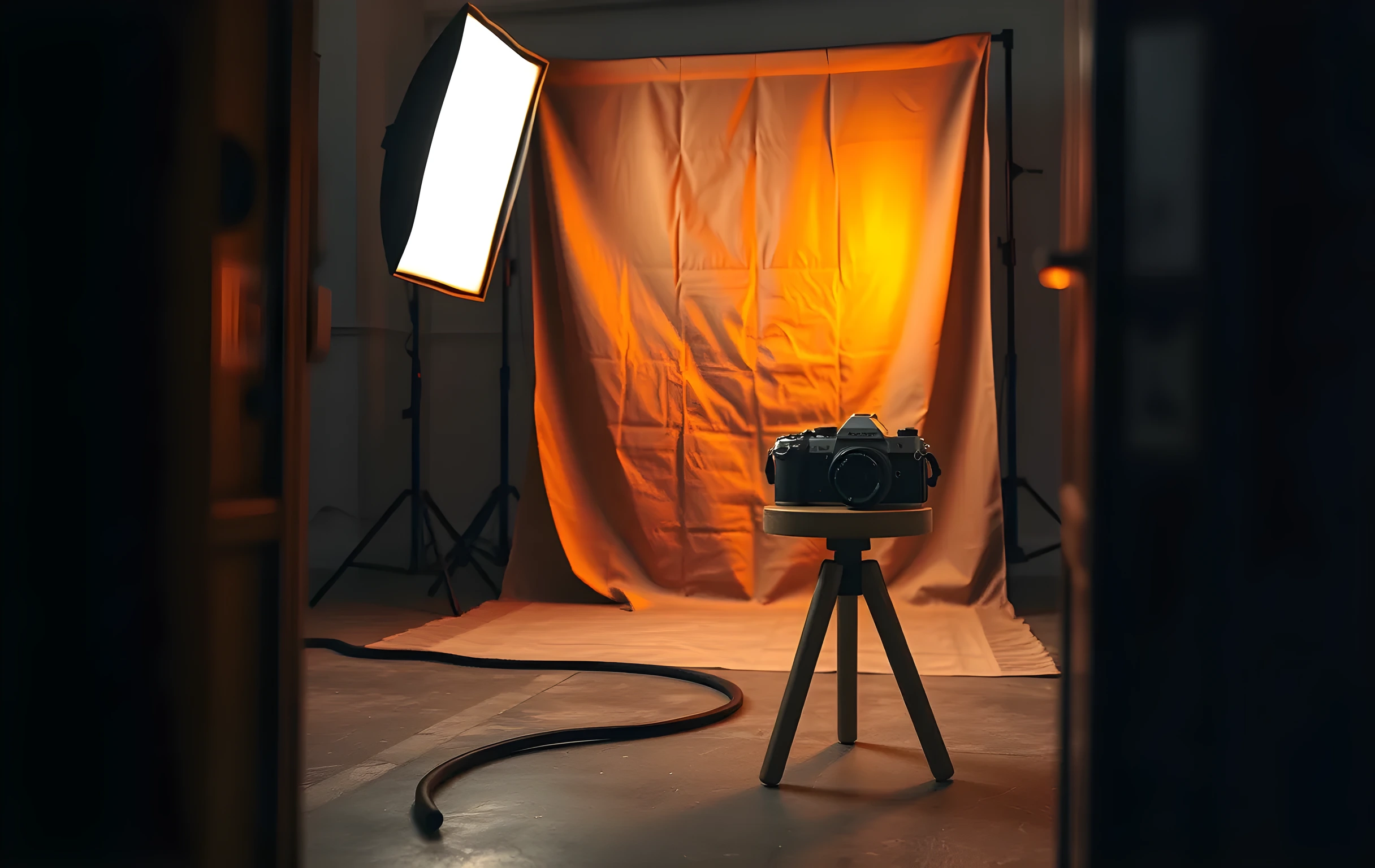 A close detail shot of a photographer's studio setup at golden hour, a large rectangular softbox angled downward casting warm amber light onto a wrinkled linen backdrop draped over a frame, a vintage camera body with a prime lens resting on a low three-legged wooden stool in the foreground, a coiled black cable trailing across the concrete floor, shallow depth of field keeping the glowing fabric and camera sharp while the background falls into soft bokeh, no screens or text visible