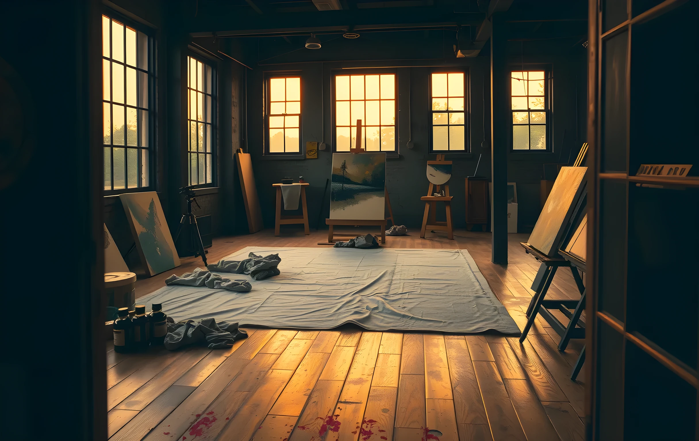 A spacious art studio at golden hour, tall industrial windows flooding the room with deep amber light, three large canvases on wooden easels in various stages of oil painting, pigment jars and crumpled linen rags scattered across a wide workbench, a photographer's tripod standing idle near the window frame, worn hardwood floor marked with dried paint splatters in ochre and cadmium red, no people present, warm and lived-in atmosphere