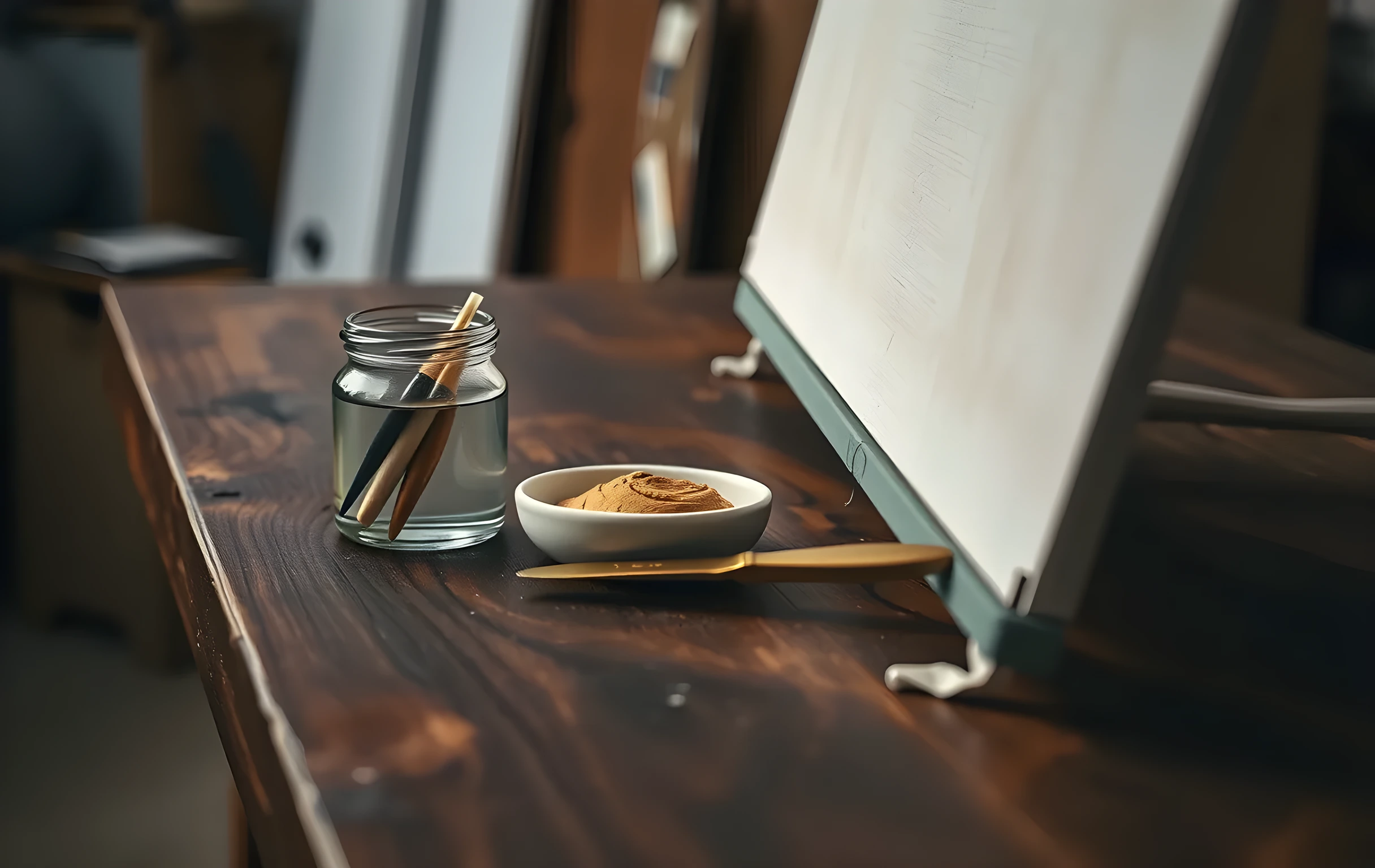 A tight view of a dark walnut workbench surface holding a small ceramic water jar with three used round brushes, a shallow dish of mixed sienna and raw umber pigment paste, a brass palette knife resting on a folded muslin cloth, and the curved gessoed edge of a large canvas panel leaning against the bench leg, soft directional light falling from the upper left casting gentle shadows, no people, no text, quiet tactile stillness