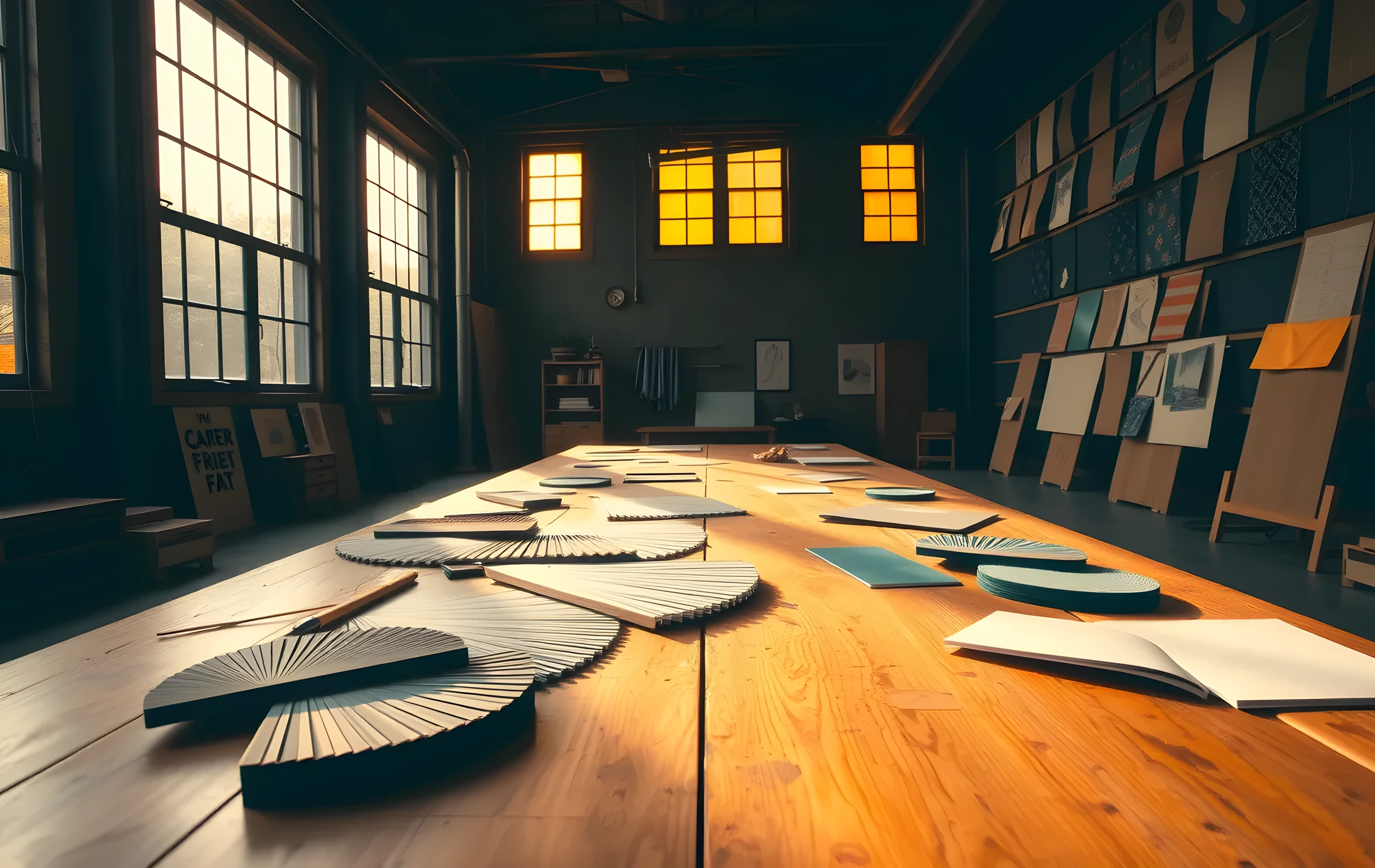 A spacious creative studio bathed in late-afternoon golden light streaming through tall industrial windows, large wooden worktables scattered with fanned color swatch cards and layered printed material samples in warm ochre and deep teal, a back wall covered in pinned fabric and texture boards at various angles, paint-stained edges on the table surfaces suggesting active daily use, the room feels mid-process and lived-in
