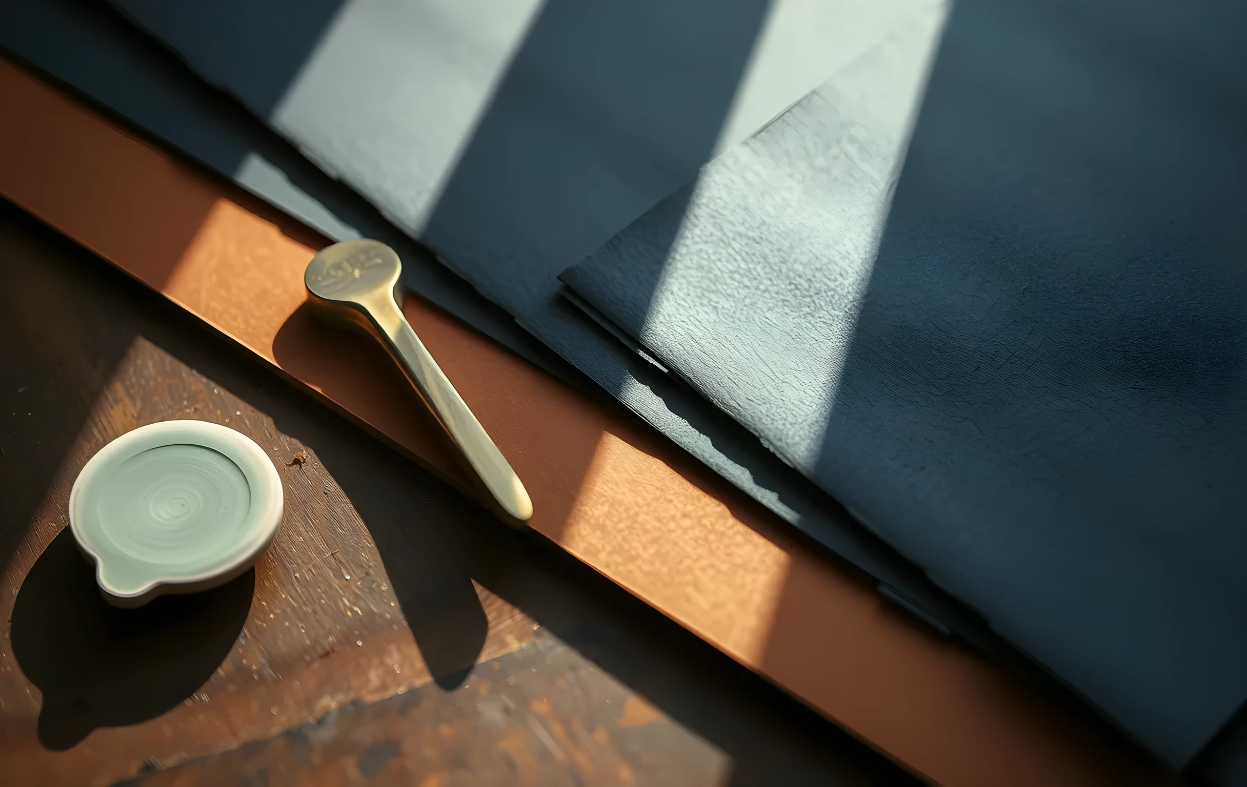 A tight view of a workbench surface where thick sheets of textured paper in deep indigo and burnt sienna are stacked at slight overlapping angles, a small brass embossing tool rests beside them catching raking window light that reveals subtle topography in the matte grain, a ceramic glaze chip in muted sage green sits at the corner of the frame, natural side-light creates long soft shadows across the surface