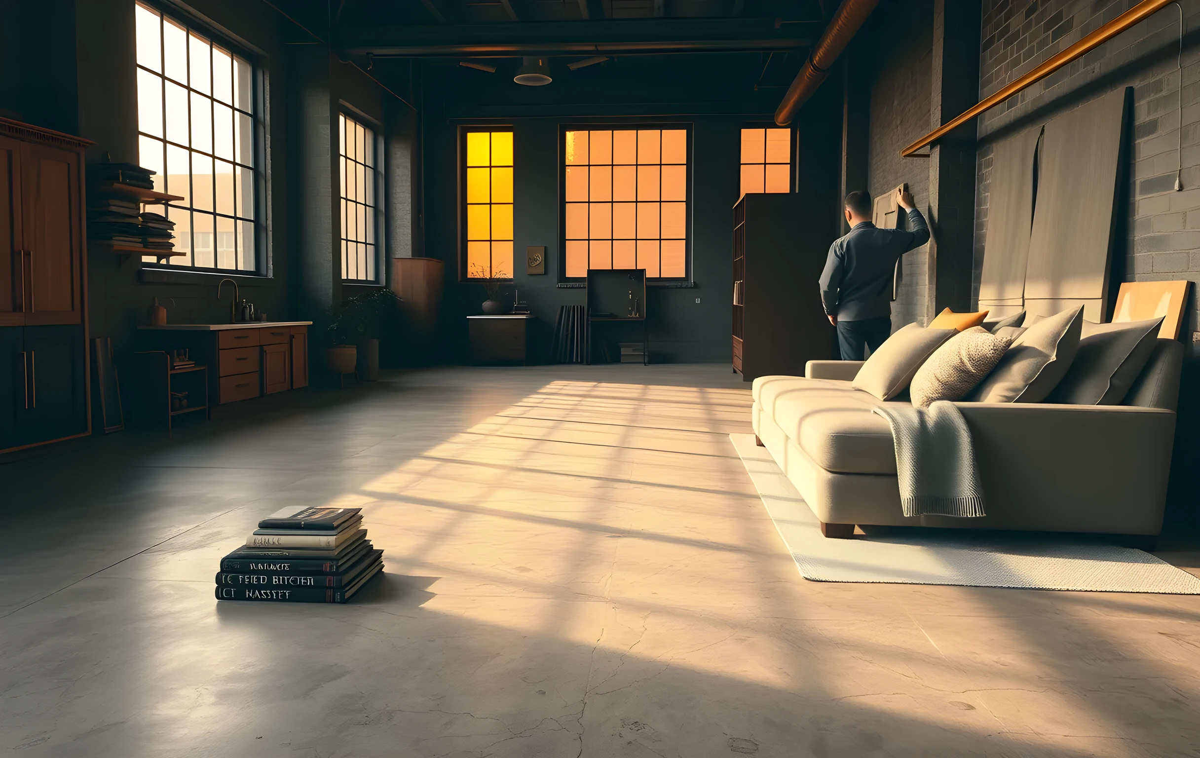 A wide interior design studio bathed in warm afternoon light from tall industrial windows, three full-scale room mockups arranged across an open concrete floor, a terracotta-tiled kitchen corner with oak cabinetry, a reading nook with a low linen sofa and stacked books on a travertine table, a bedroom vignette with layered wool textiles in muted sage and cream. Fabric swatches hang loosely from a brass rail along one wall. A single figure stands far in the background near the windows, arranging cushions on the sofa, seen at medium distance from behind. Dust motes float in the light shafts. No text, no screens, no signage
