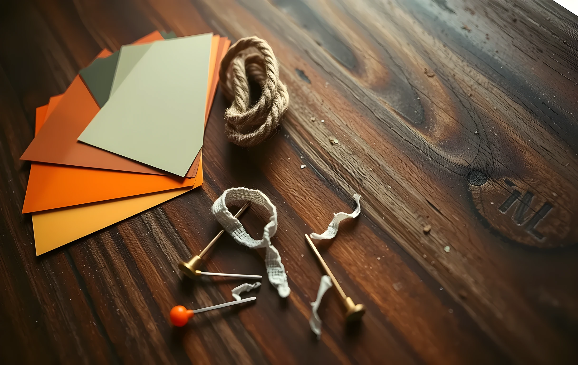 A close detail of a worn walnut workbench surface scattered with interior design materials: a fan of six paint swatch chips in ochre, terracotta, and muted sage green, a small coil of natural jute rope, two brass push-pins holding a sample of herringbone oak veneer, a short length of raw linen ribbon, and a few fine wood shavings from a fresh cut. The light comes from the upper left at a low angle, casting long soft shadows across the grain. Shallow depth of field blurs the far edge of the bench. No hands, no faces, no text, no screens