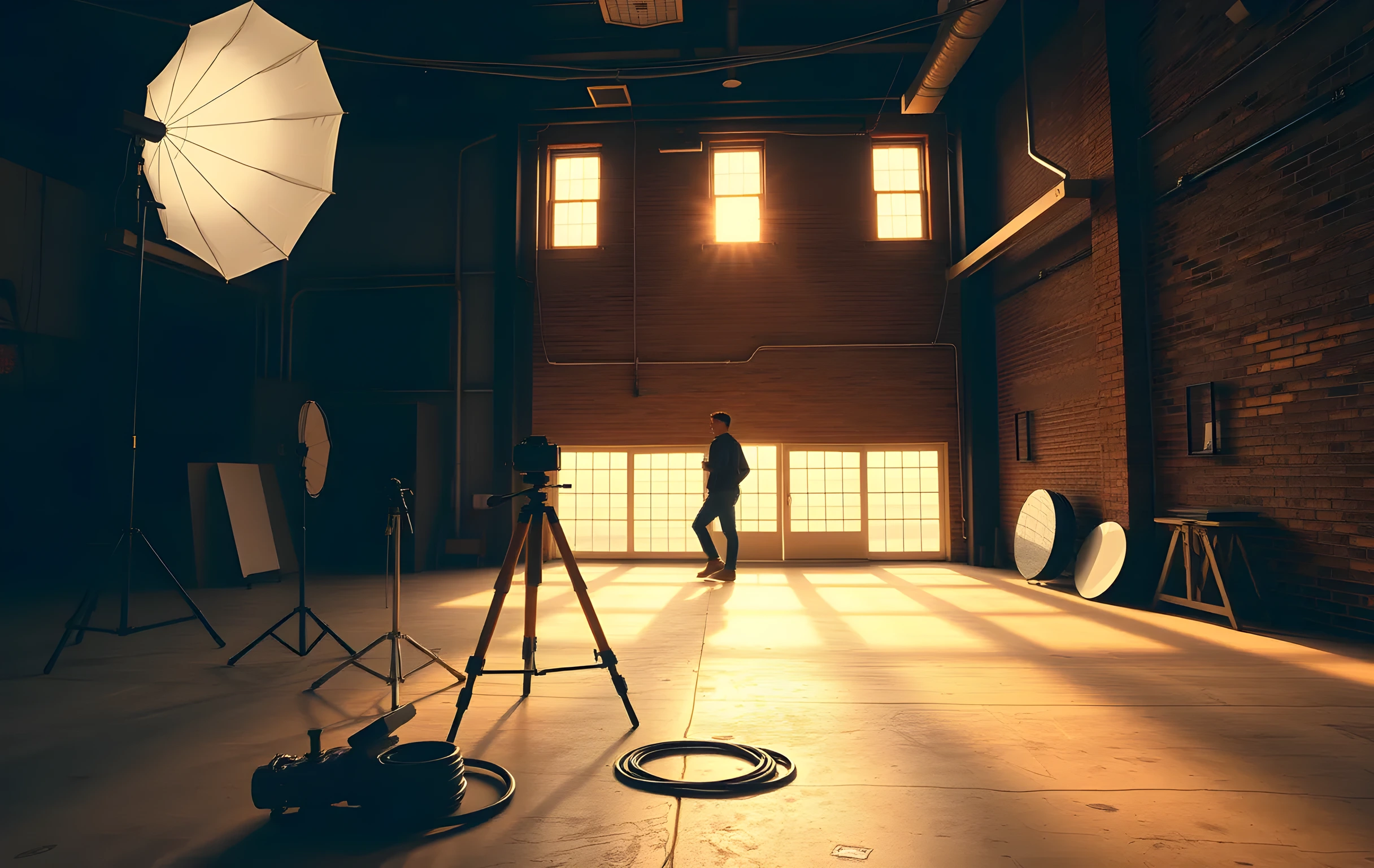 A wide interior shot of a large, sunlit photography studio in late afternoon. A tall softbox light stand with a silver umbrella dominates the left third of the frame. In the mid-ground, a medium-format camera sits on a wooden tripod, and two rolls of undeveloped film hang from a thin wire strung across the ceiling. The floor is worn concrete with coiled black cables and a circular reflector leaning against a brick wall. Warm golden light pours through a row of four tall industrial windows on the far wall, casting long soft shadows. A single small figure in a dark jacket stands near the far window, back turned, barely larger than a handprint in the composition. The mood is quiet, working, lived-in