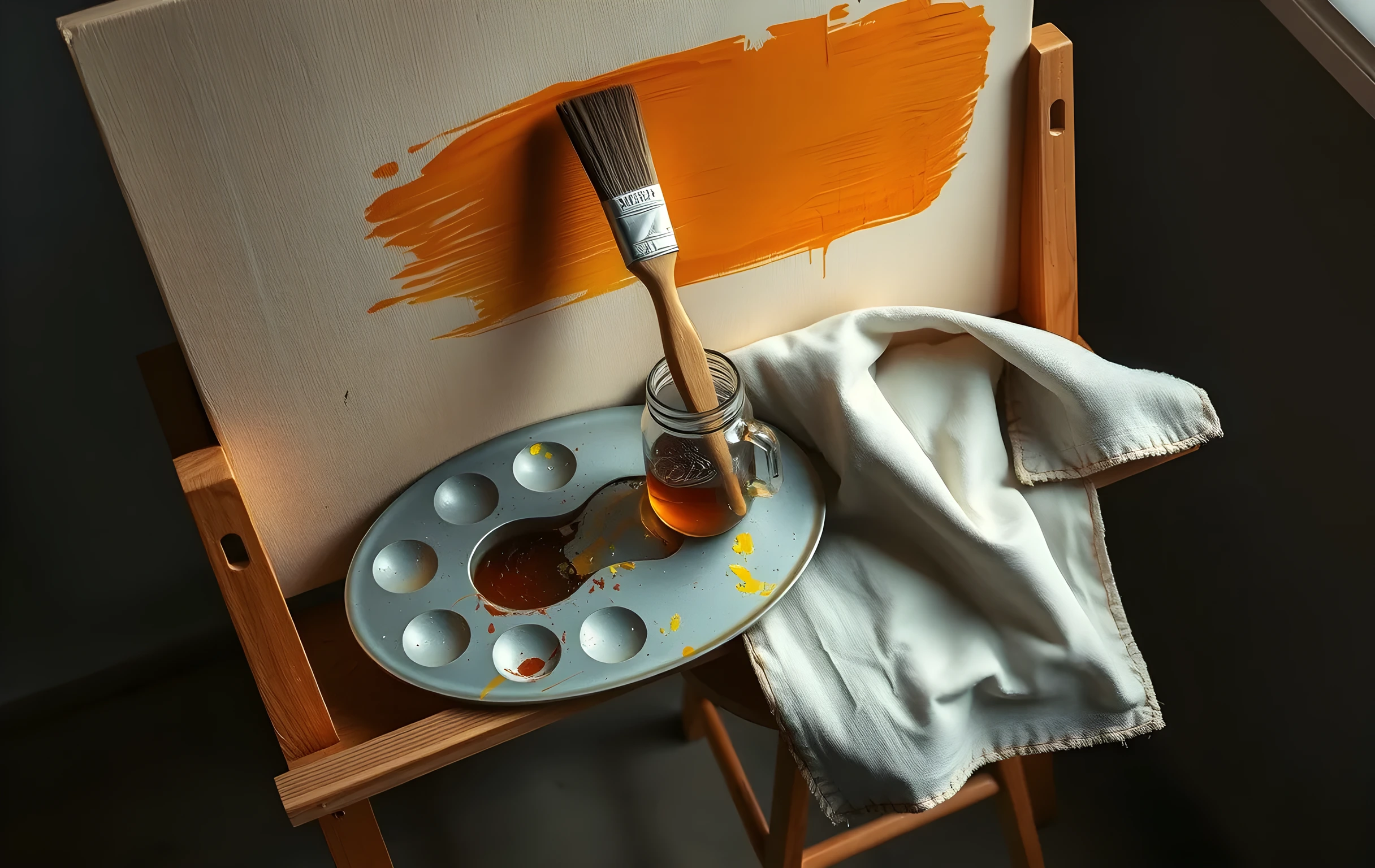 A tight detail view of a wooden artist easel in the corner of a paint-stained studio. The canvas on the easel shows thick impasto strokes in ochre, burnt sienna, and a streak of cadmium yellow, half-finished. Resting against the easel's lower shelf is a dented steel palette with dried ridges of pigment in five colors, a short-handled brush stuck upright in a mason jar filled with murky turpentine, and a canvas apron with paint flecks draped over a three-legged wooden stool. The background falls into soft dark shadow. The focus is on texture: bristle tips, dried paint cracks, worn wood grain, the slight warp of the metal palette