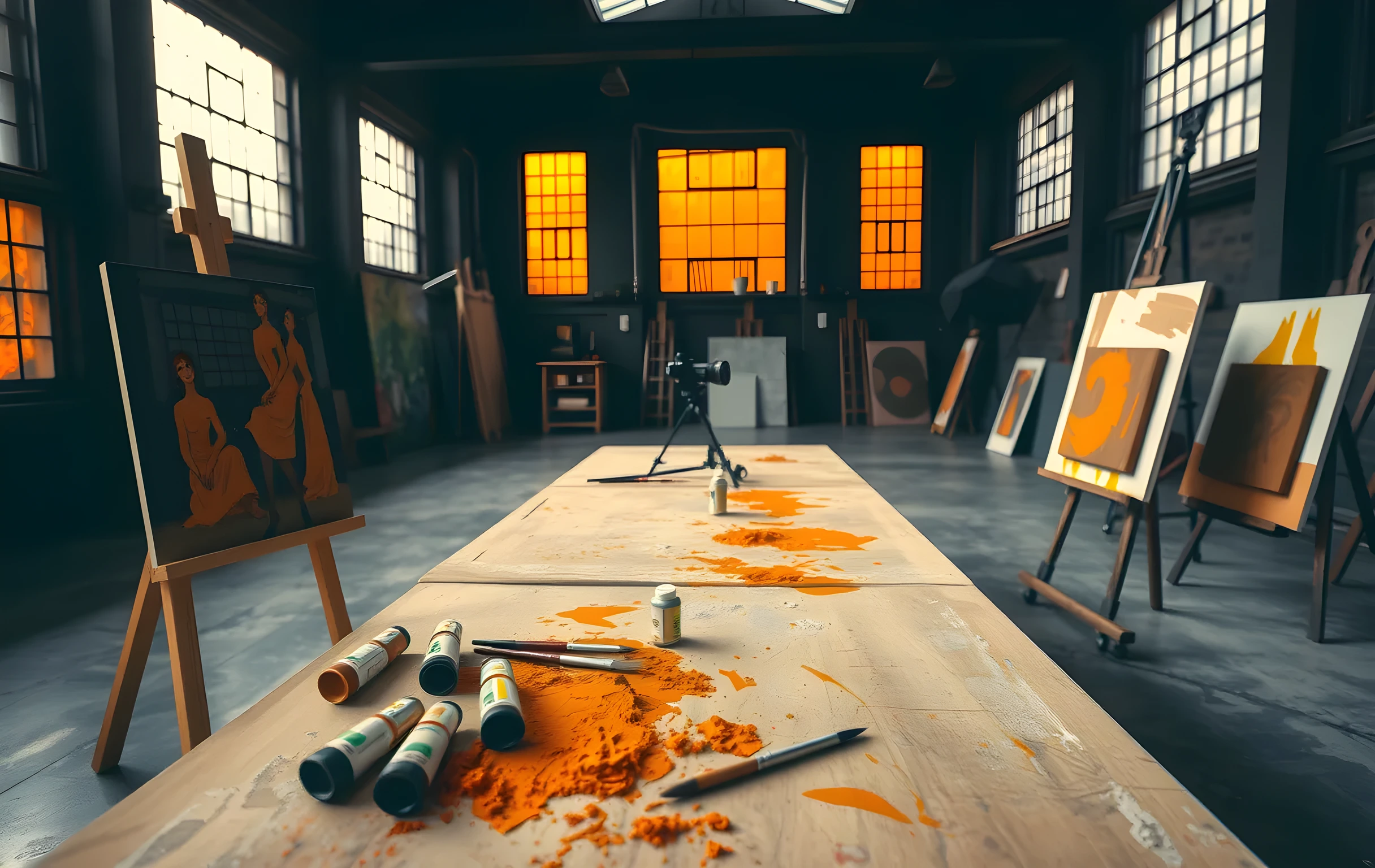 A wide interior view of a large art studio in soft morning light: three wooden easels hold half-finished oil paintings at different stages, a long workbench is stained with dried pigment in ochre and sienna, paint tubes and brushes are scattered across the surface, a photographer's tripod with a softbox stands near the back window capturing one of the canvases, tall industrial windows flood the space with warm directional light, the floor is worn concrete, no people visible, the scene reads as a working creative space mid-process