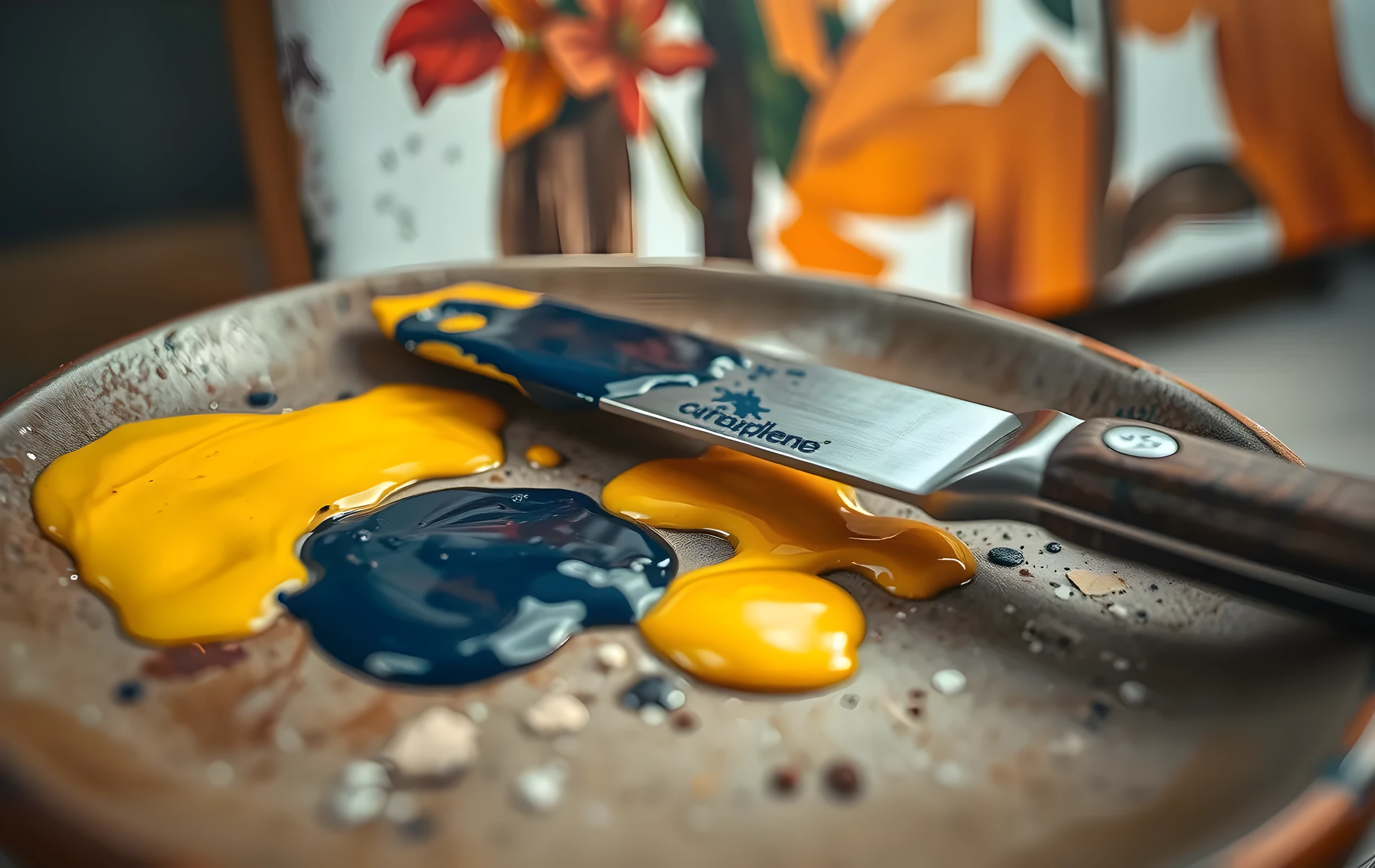 A close detail shot of a ceramic mixing plate holding thick dabs of wet oil paint in cadmium yellow, deep ultramarine, and raw umber, a well-worn palette knife rests across the edge of the plate with paint caked on its blade, in the soft-focus background a canvas shows heavy impasto strokes catching warm late-afternoon light, the surface of the paint is glossy and textured, shallow depth of field isolates the plate and knife, no hands or faces visible