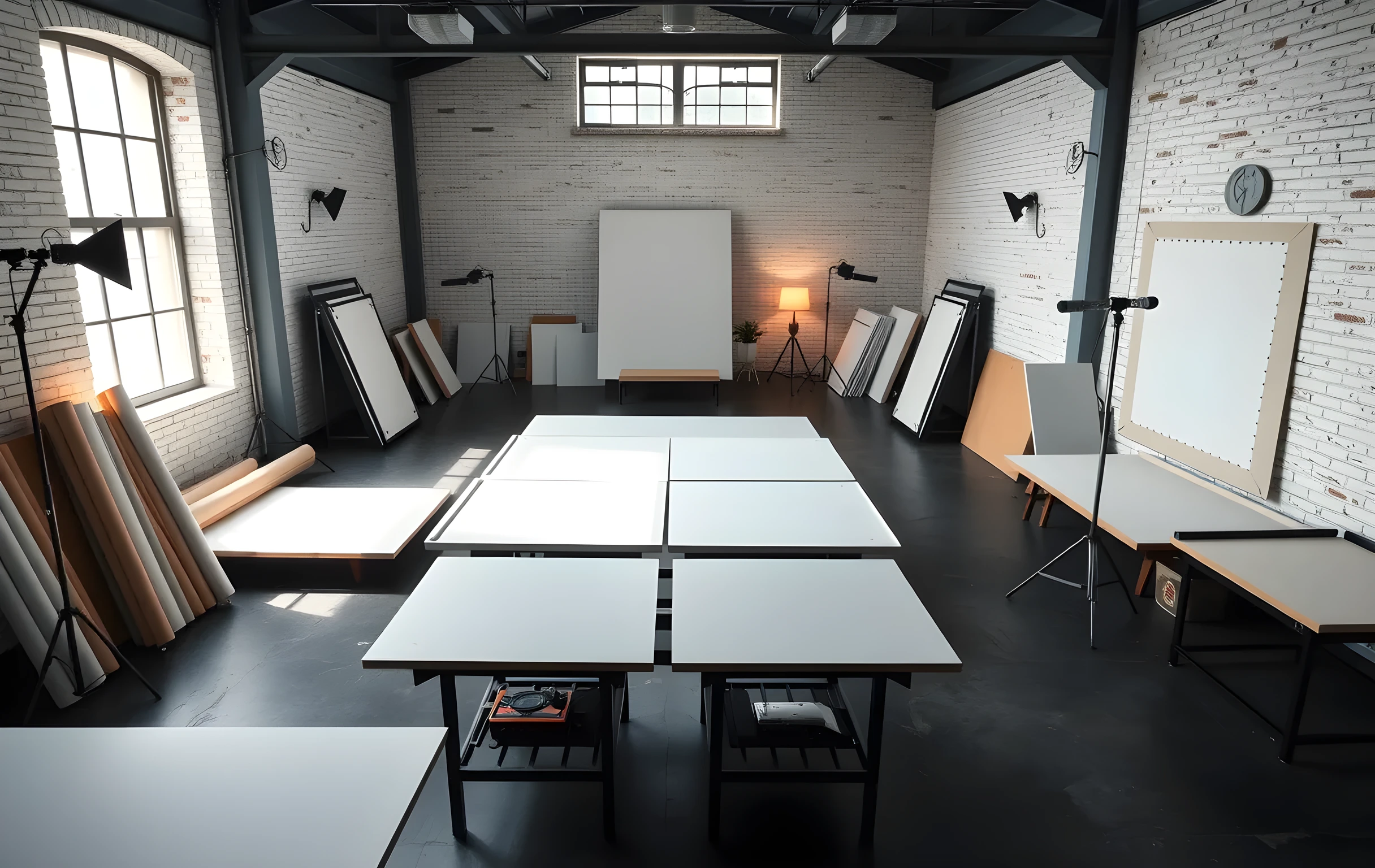 A sunlit industrial loft studio filled with large-format drafting tables, rolled archival paper tubes leaning against a white brick wall, and professional lighting stands arranged in a wide arc around an empty central workspace. The space feels organized yet active, emphasizing scale and creative infrastructure