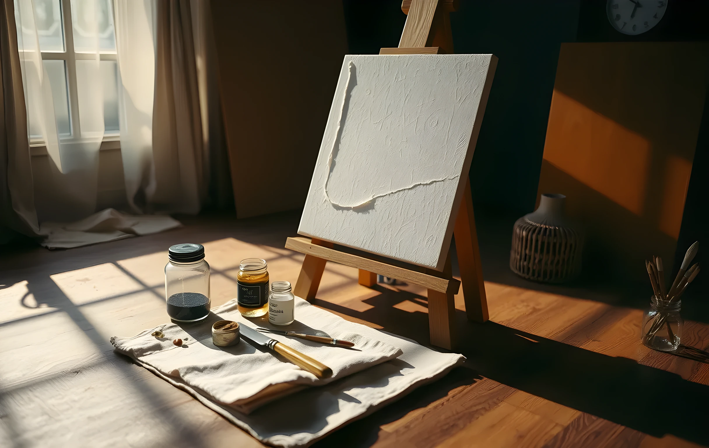 A shallow depth of field focusing on a wooden easel holding a stretched canvas with visible brushwork, surrounded by glass pigment jars, a brass palette knife resting on a linen cloth, and soft directional light casting long geometric shadows across the floor. The composition highlights tactile materials and craft without showing any person or screen