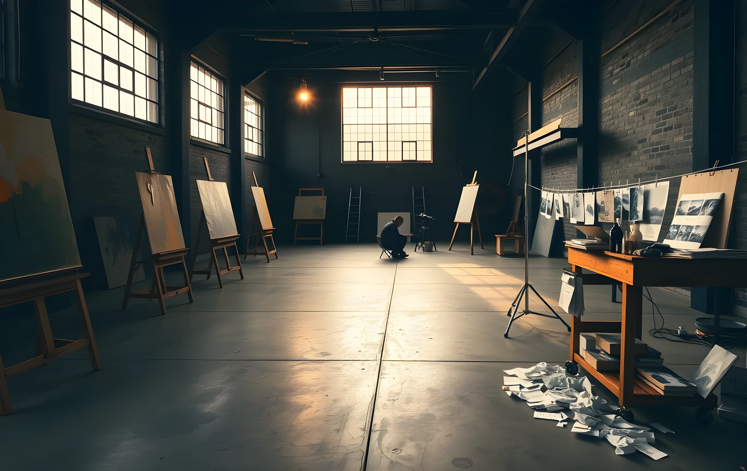 A vast single-story studio space bathed in low afternoon light streaming through a long bank of industrial sash windows. Six or seven large easels stand at intervals along the left wall, each holding a canvas mid-painting with visible strokes of ochre and raw umber. A tall photographer's softbox on a C-stand occupies the right corner beside a wooden workbench cluttered with pigment jars and squeezed tubes. The concrete floor is scattered with crumpled paper proofs and a long clothesline strung across the back wall holds dozens of printed photographs clipped at intervals. In the far background, a small figure sits hunched over a drafting table, barely more than a silhouette against the window glow
