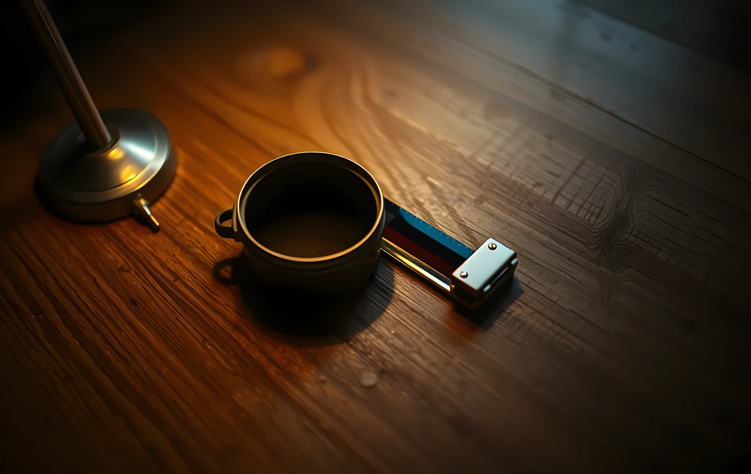 A close view of a weathered oak workbench surface where a brass film canister lies open beside a partially unspooled strip of 35mm negative catching warm tungsten light from a single articulated desk lamp at the left edge. The grain of the wood is deeply textured, showing decades of use with small scratches and a ring stain. A metal clip holds the end of the film strip to the bench, and the emulsion side of the frames glints faintly amber in the pool of light. Deep shadows swallow the right half of the frame. No hands, no faces, no text visible anywhere