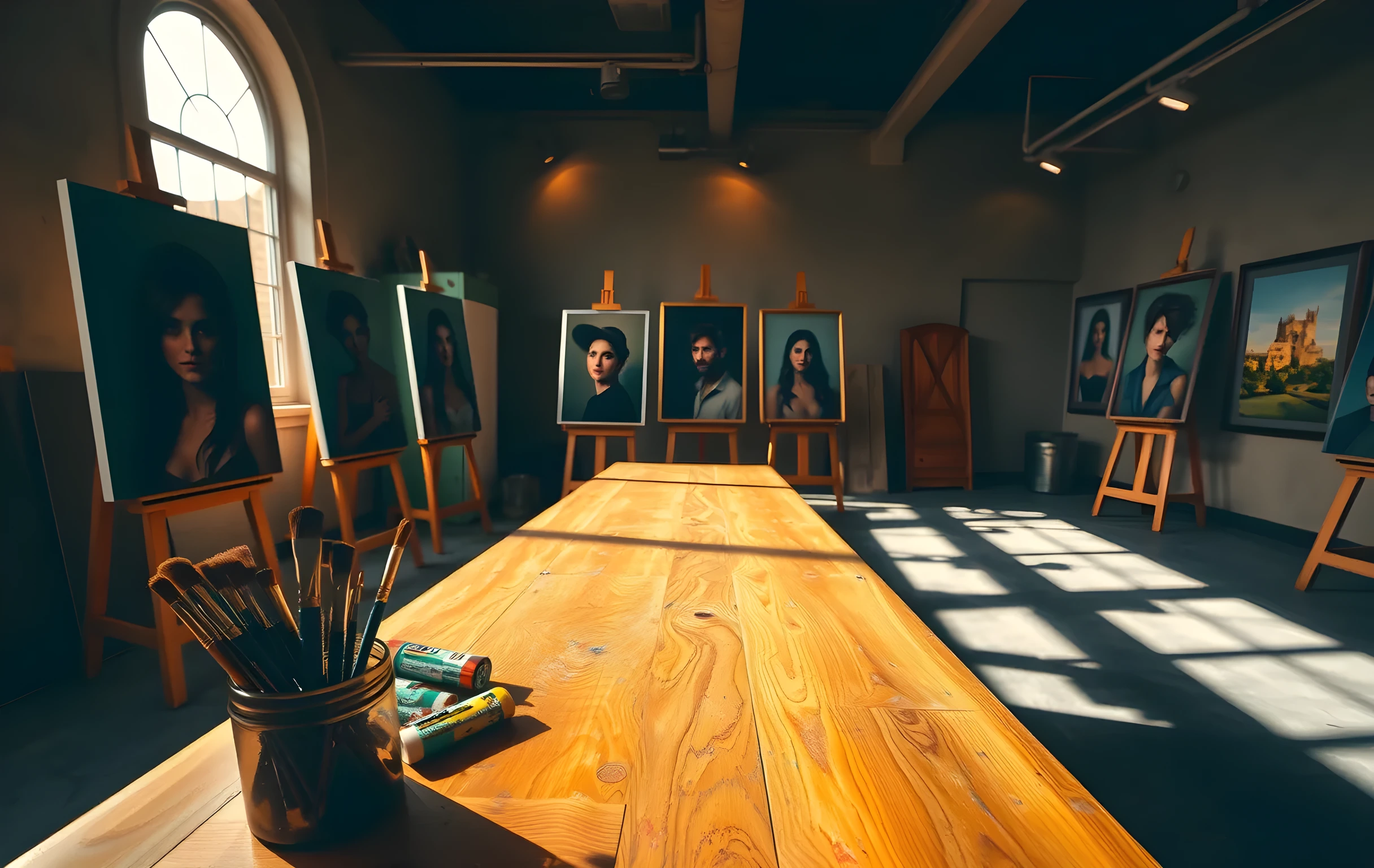 A wide view of a sunlit painting studio with five tall easels holding large figurative oil portraits in various stages of completion, warm afternoon light streaming through a tall arched window on the left wall, a long wooden workbench in the foreground scattered with squeezed paint tubes in cerulean and cadmium hues, a small jar of brushes with worn bristles, a gallery wall in the deep background holding three finished framed pieces under soft track lighting, the overall palette warm amber and umber with cool blue shadows pooling on the concrete floor, no people visible, no text or signage anywhere