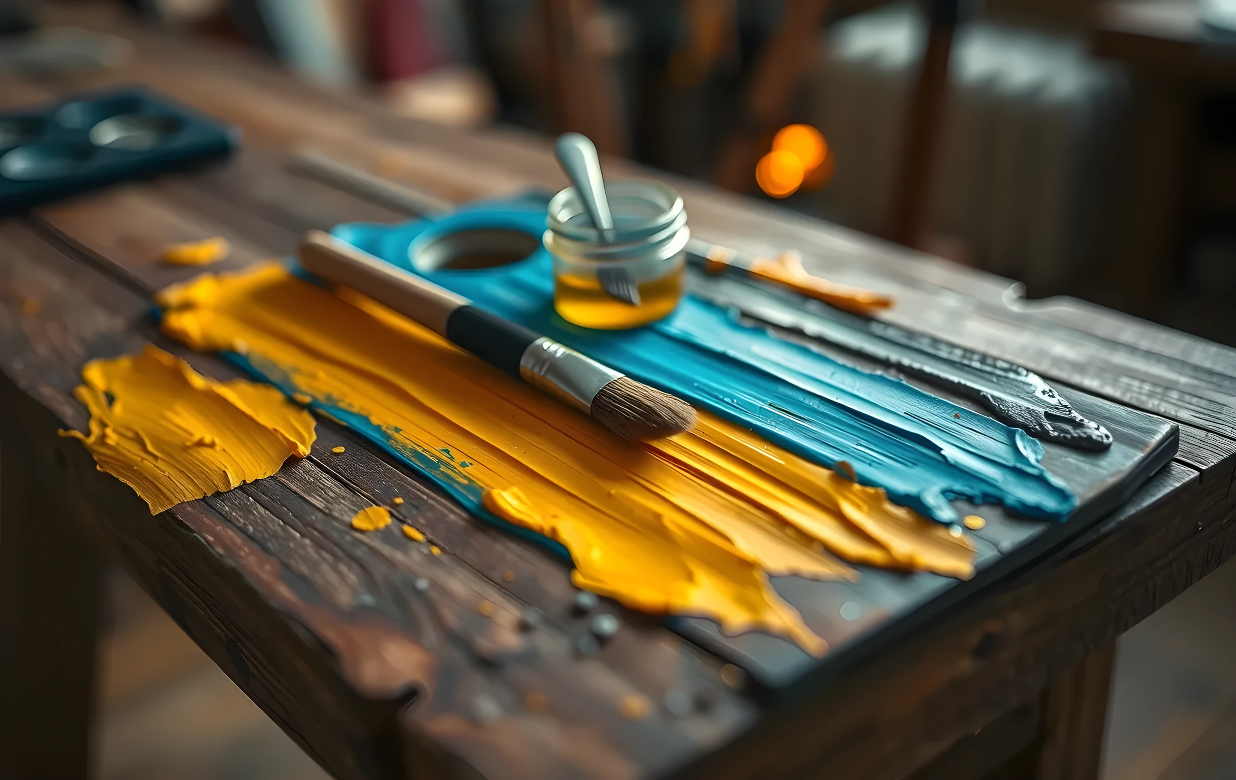 A tight detail view of a well-used artist palette resting on a worn oak drafting table edge, thick impasto ridges of mixed cerulean blue, warm ochre, and cadmium yellow paint built up in layered strokes across the wooden surface, a single sable brush with a dark stained handle lying diagonally across the palette, a small glass jar of turpentine catching a sliver of light beside it, a few dried bristle marks on the table grain, shallow depth of field with the background dissolving into soft warm bokeh, no faces, no hands, no text or labels visible