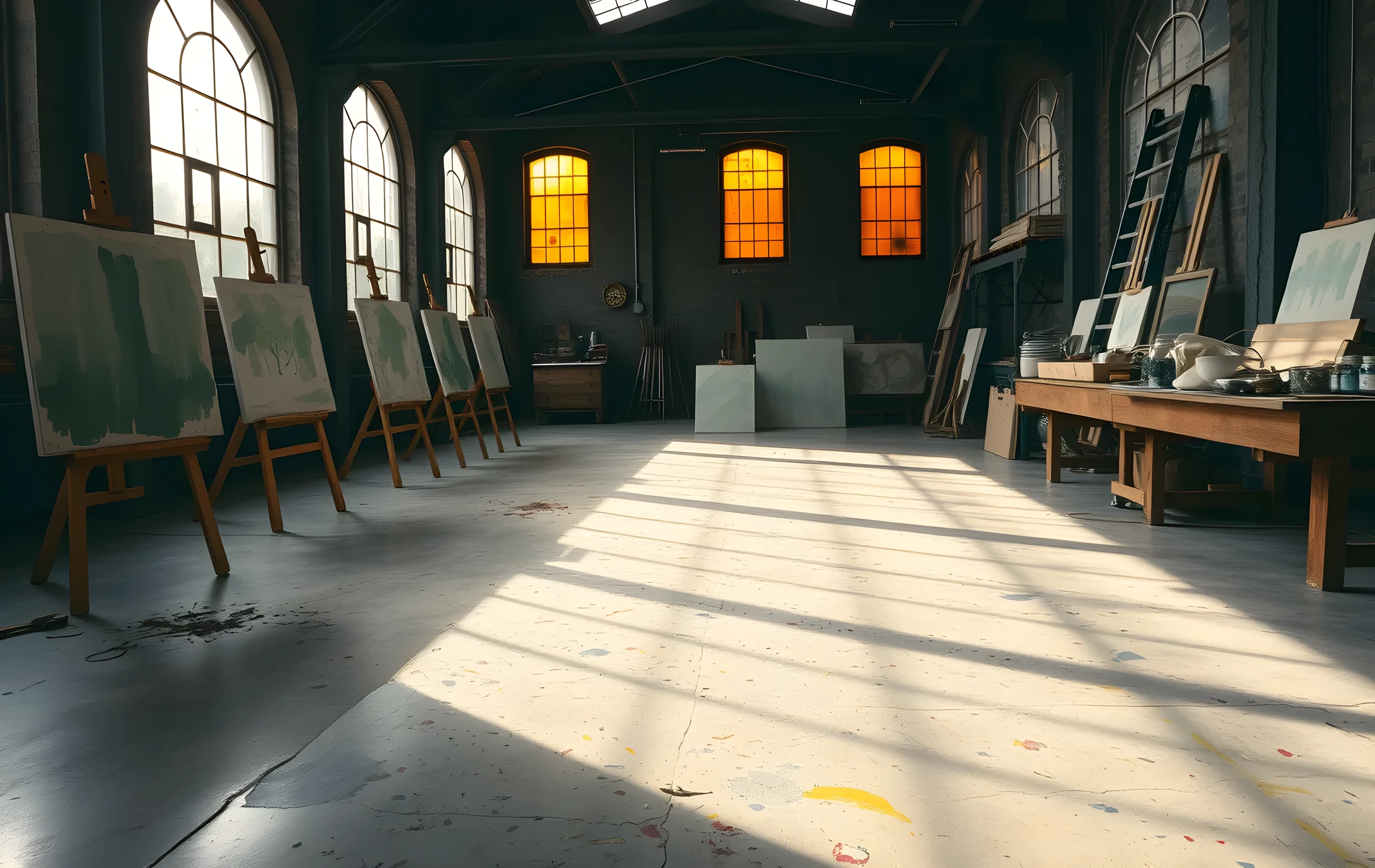 A wide-angle view of a sunlit painting studio in an old industrial building, tall arched windows casting long light across a concrete floor scattered with pigment splatters and dried brush strokes. Multiple wooden easels stand at varying distances, each holding a canvas at different stages of completion, some showing only underpainting washes. A long workbench along the far wall holds ceramic jars of raw pigments, glass mixing cups, and rolled linen rags, with a ladder leaning against a stack of unprimed canvases in the back corner